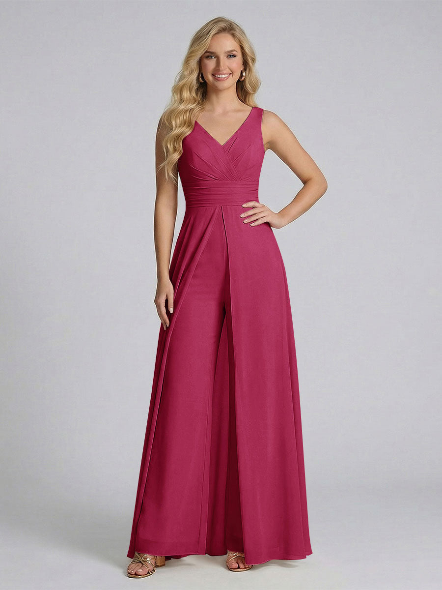 Jumpsuit V-Neck Sleeveless Chiffon Bridesmaid Dresses with Split Side Wine Red