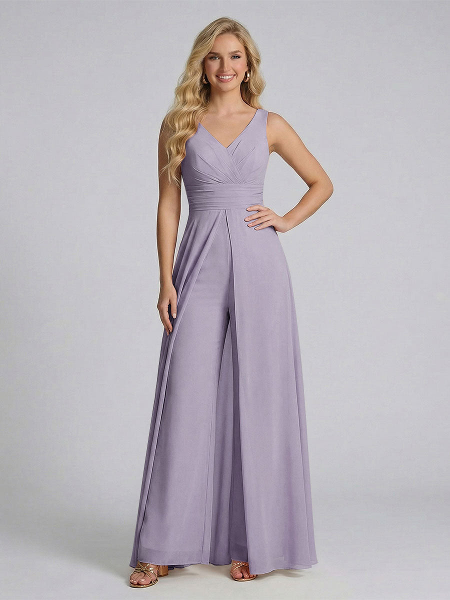 Jumpsuit V-Neck Sleeveless Chiffon Bridesmaid Dresses with Split Side Wisteria