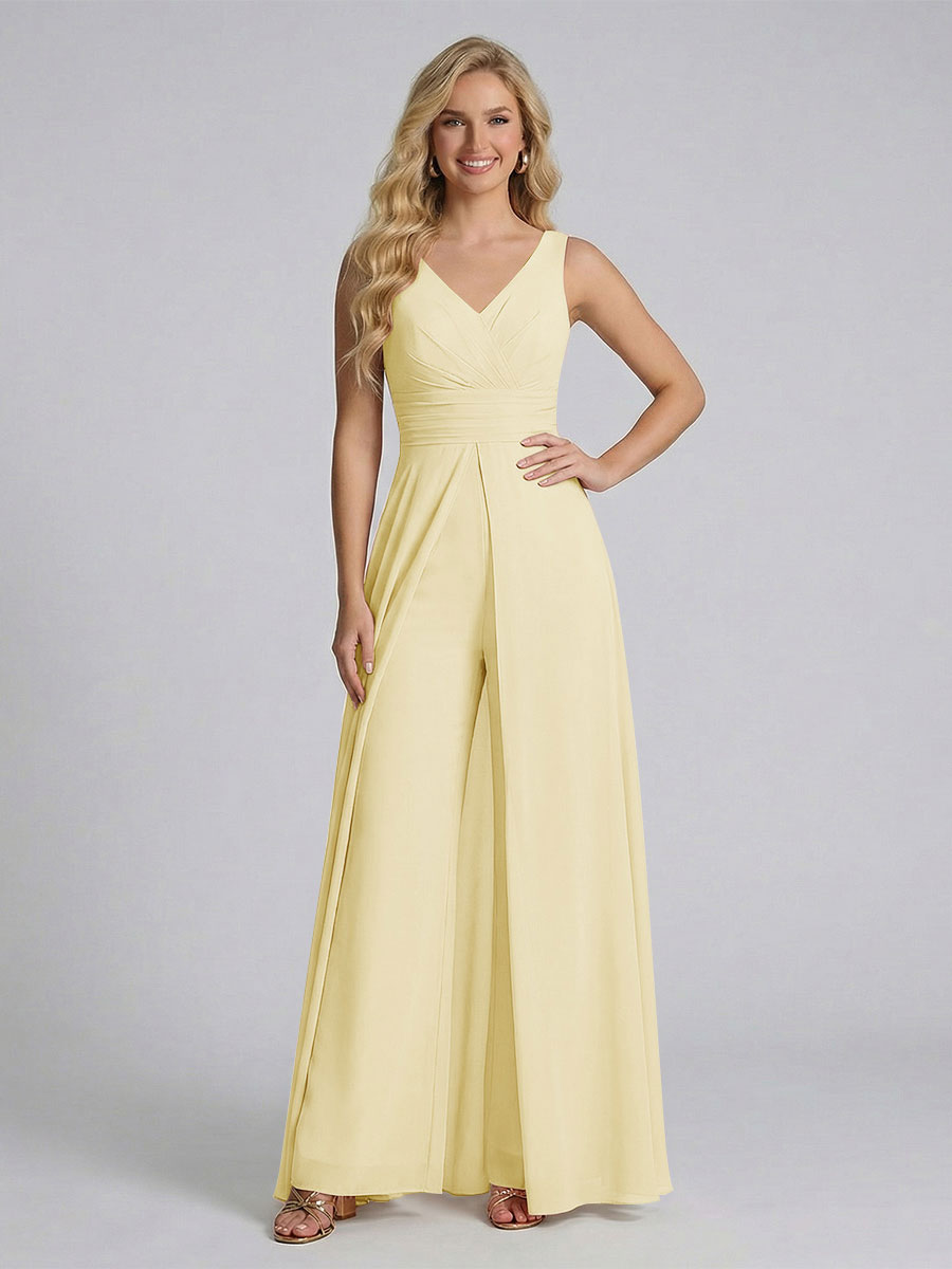 Jumpsuit V-Neck Sleeveless Chiffon Bridesmaid Dresses with Split Side Yellow