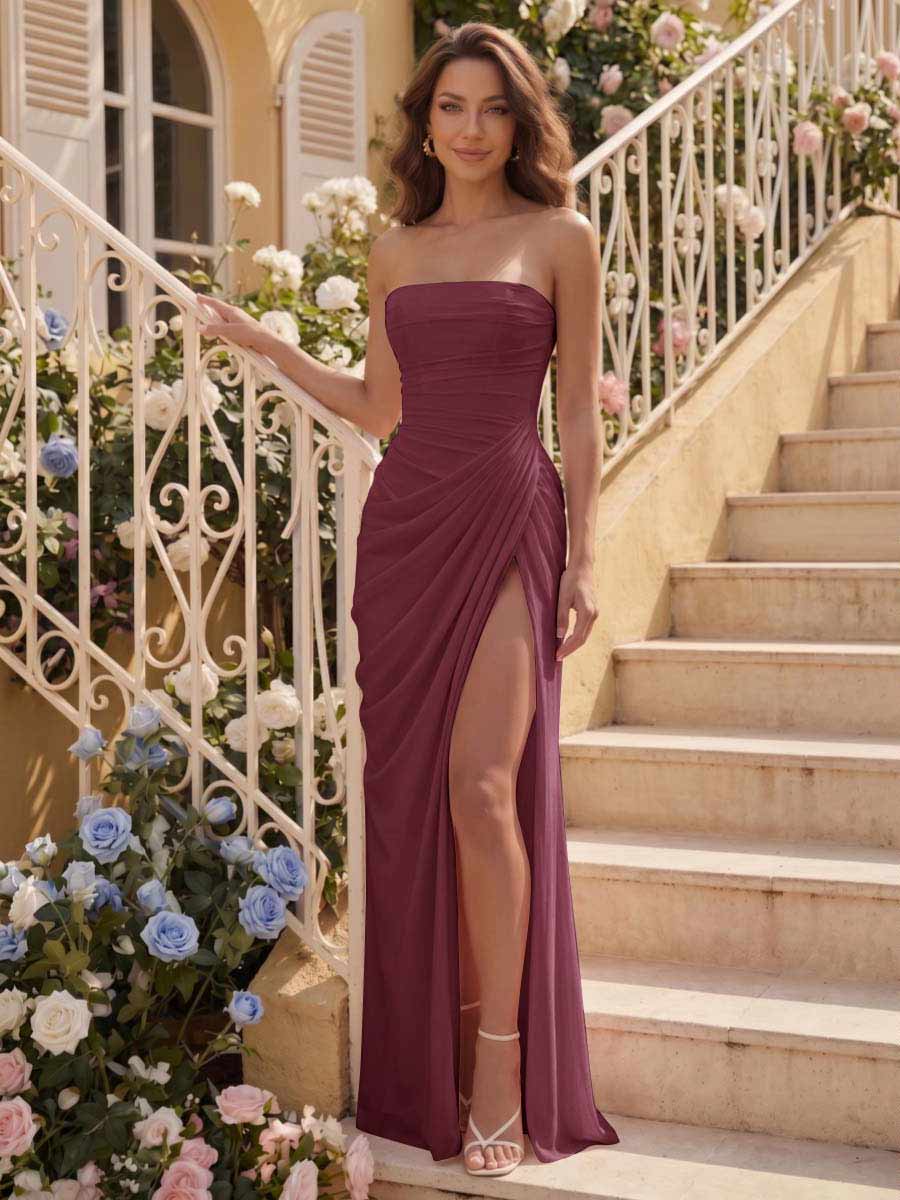 Sheath/Column Strapless Sleeveless Floor-Length Bridesmaid Dresses with Ruched & Split Side Mulberry