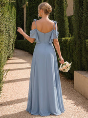 A-Line/Princess Cold Shoulder Sleeveless Floor-Length Bridesmaid Dresses with Pleated & Split Side