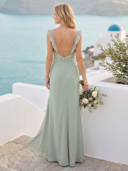 Sheath/Column Sweetheart Sleeveless Long Bridesmaid Dresses with Split Side & Ruffles