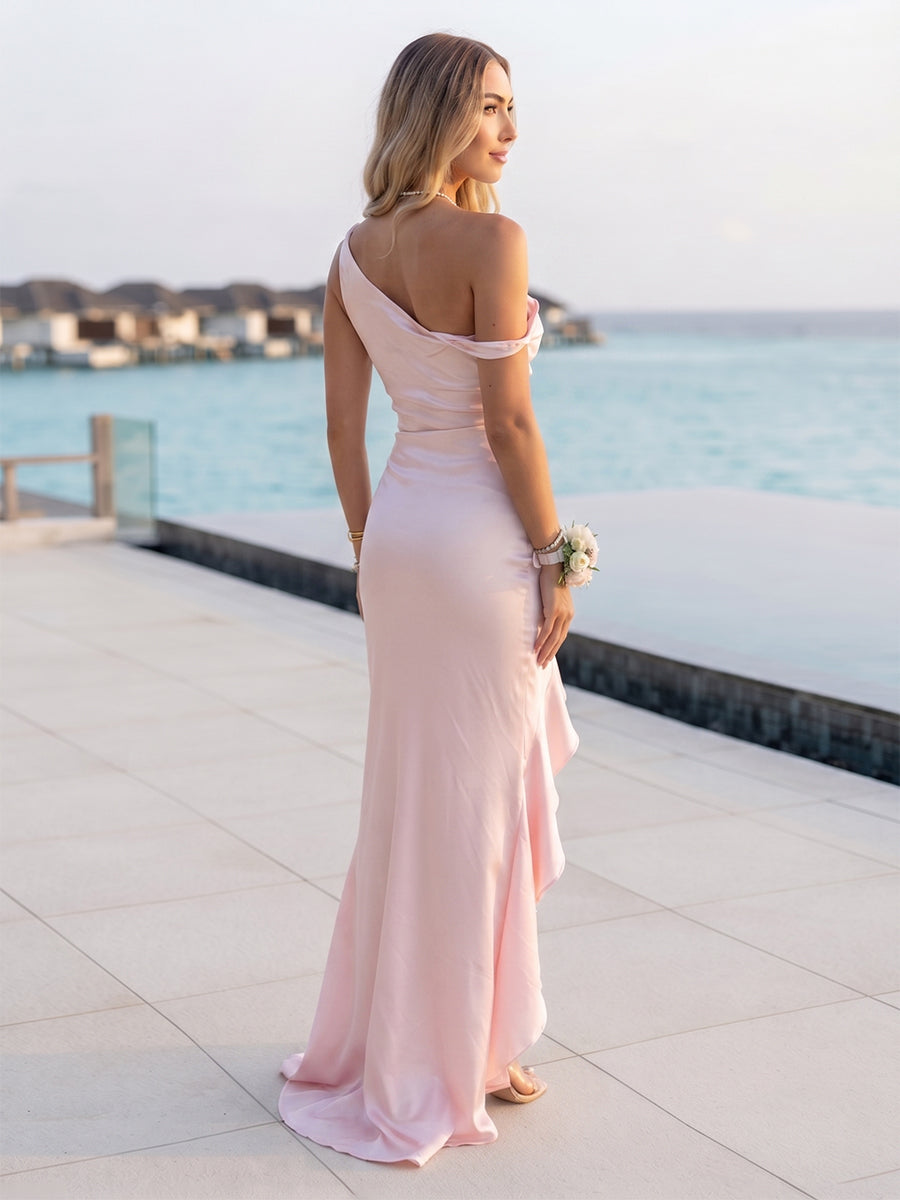 Trumpet/Mermaid Off-the- Shoulder Sleeveless Bridesmaid Dresses with Split Side & Ruffles