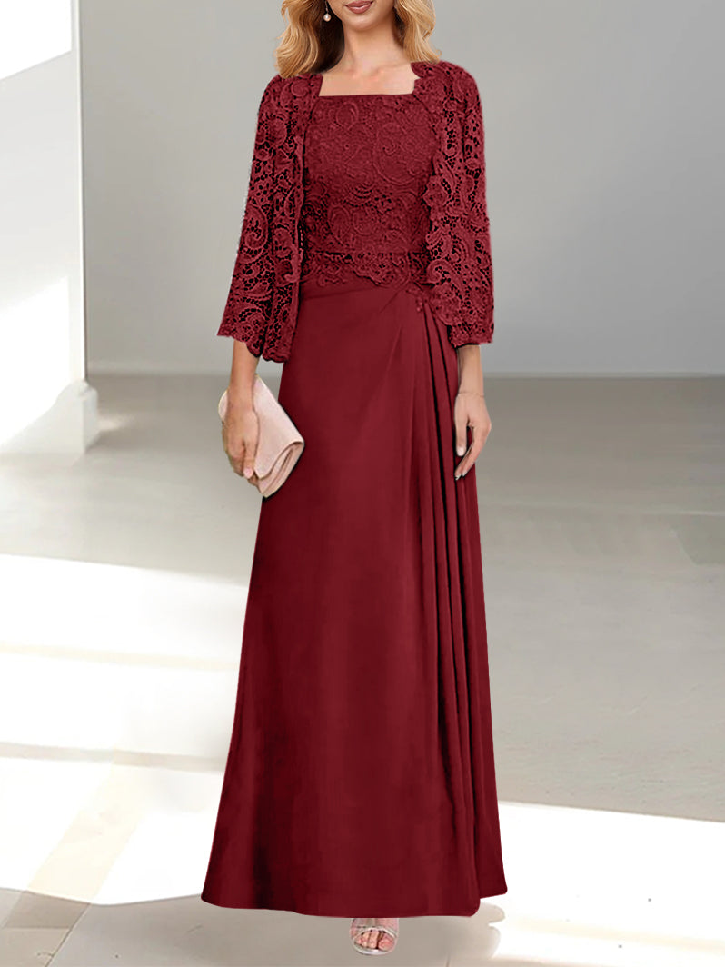 2 A-Line/Princess Scoop Mother of the Bride Dresses with Pleated & Lace Appliques Floor-Length