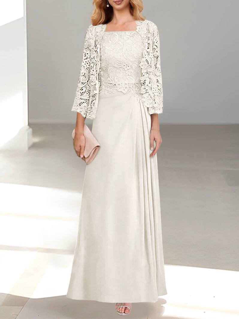 2 A-Line/Princess Scoop Mother of the Bride Dresses with Pleated & Lace Appliques Floor-Length