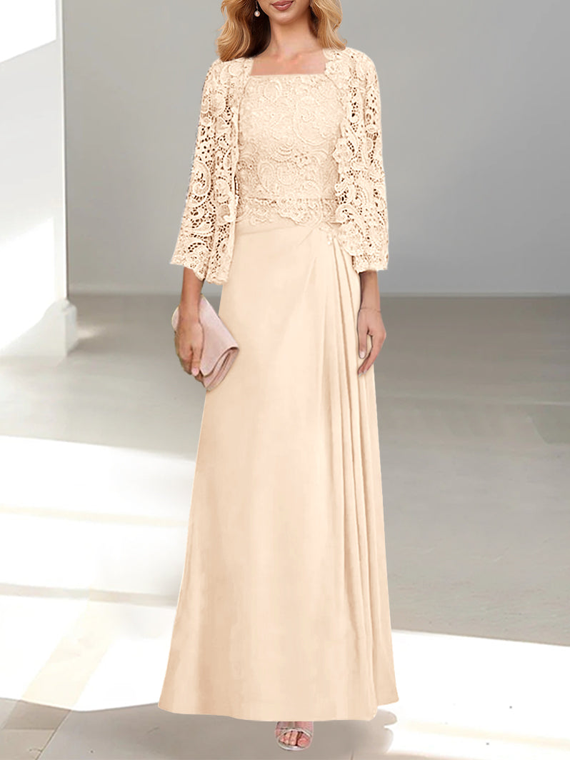 2 A-Line/Princess Scoop Mother of the Bride Dresses with Pleated & Lace Appliques Floor-Length
