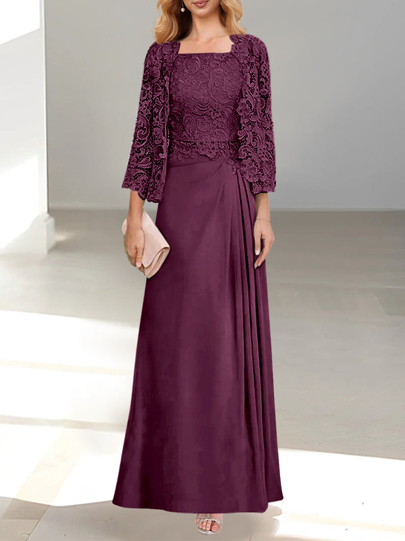 2 A-Line/Princess Scoop Mother of the Bride Dresses with Pleated & Lace Appliques Floor-Length