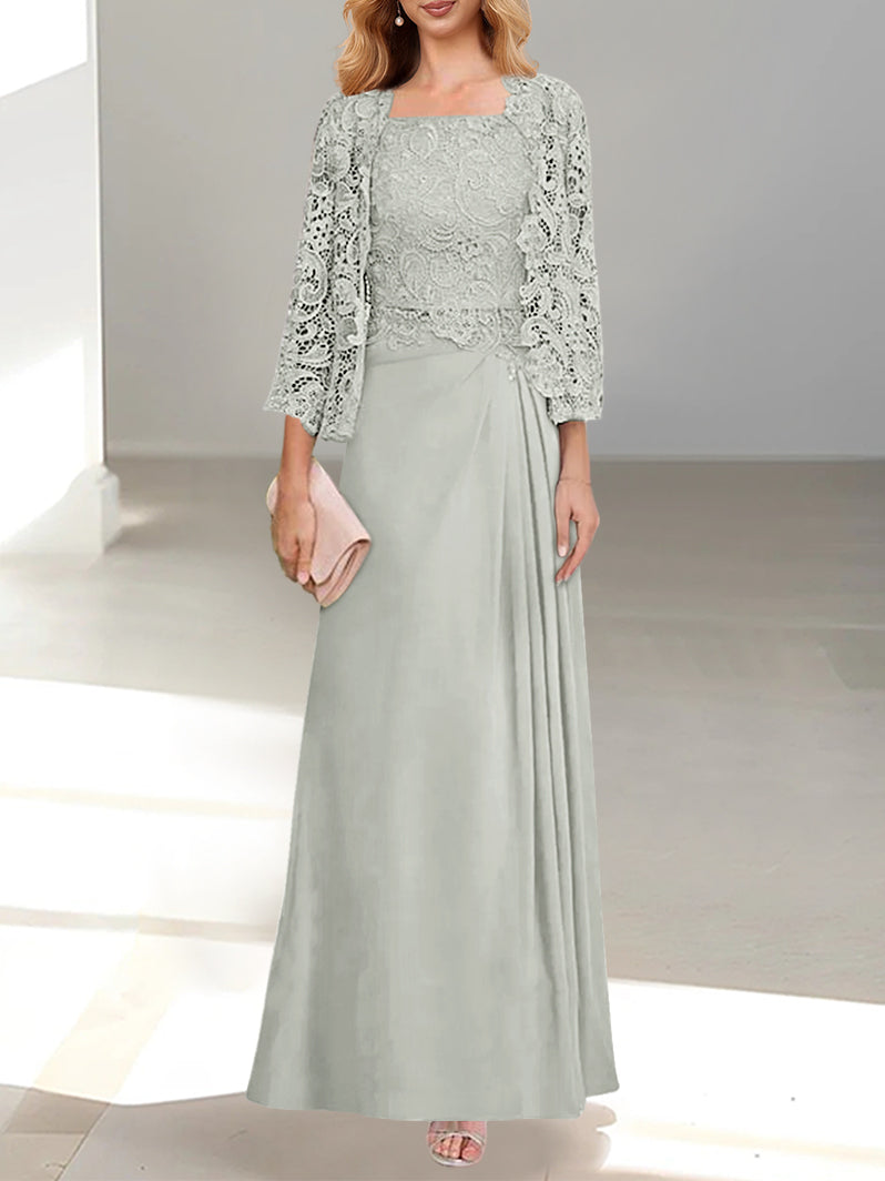 2 A-Line/Princess Scoop Mother of the Bride Dresses with Pleated & Lace Appliques Floor-Length