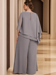 2-Piece Scoop Neck Chiffon Gown with 3/4 Sleeves and Beading for Plus-Size Mothers of the Bride