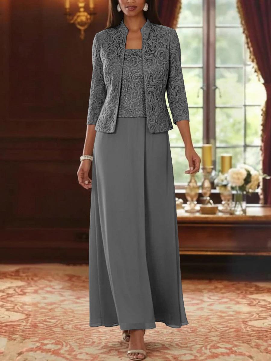 2 Pieces A-Line/Princess Square Collar Chiffon Mother of the Bride Dresses with Jacket Lace Ankle-Length 3/4 Sleeves