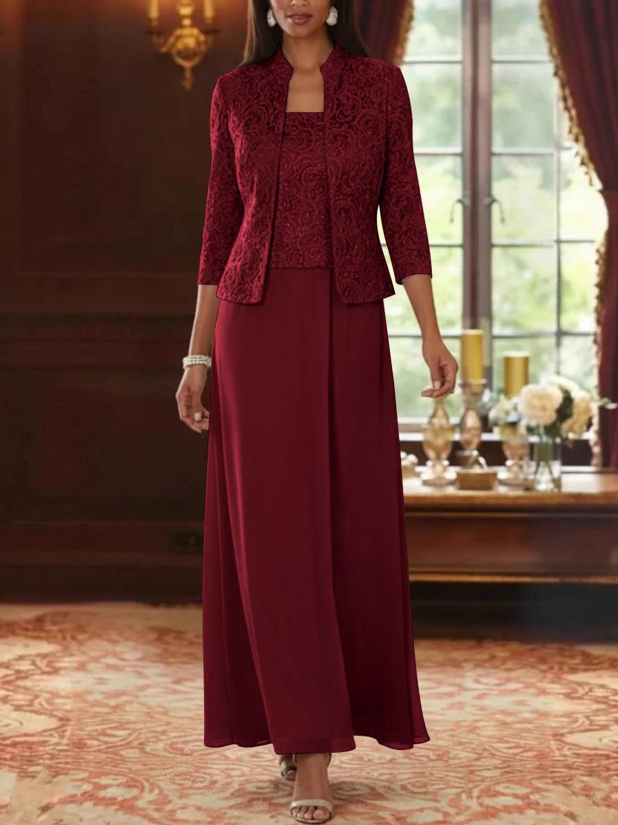 2 Pieces A-Line/Princess Square Collar Chiffon Mother of the Bride Dresses with Jacket Lace Ankle-Length 3/4 Sleeves
