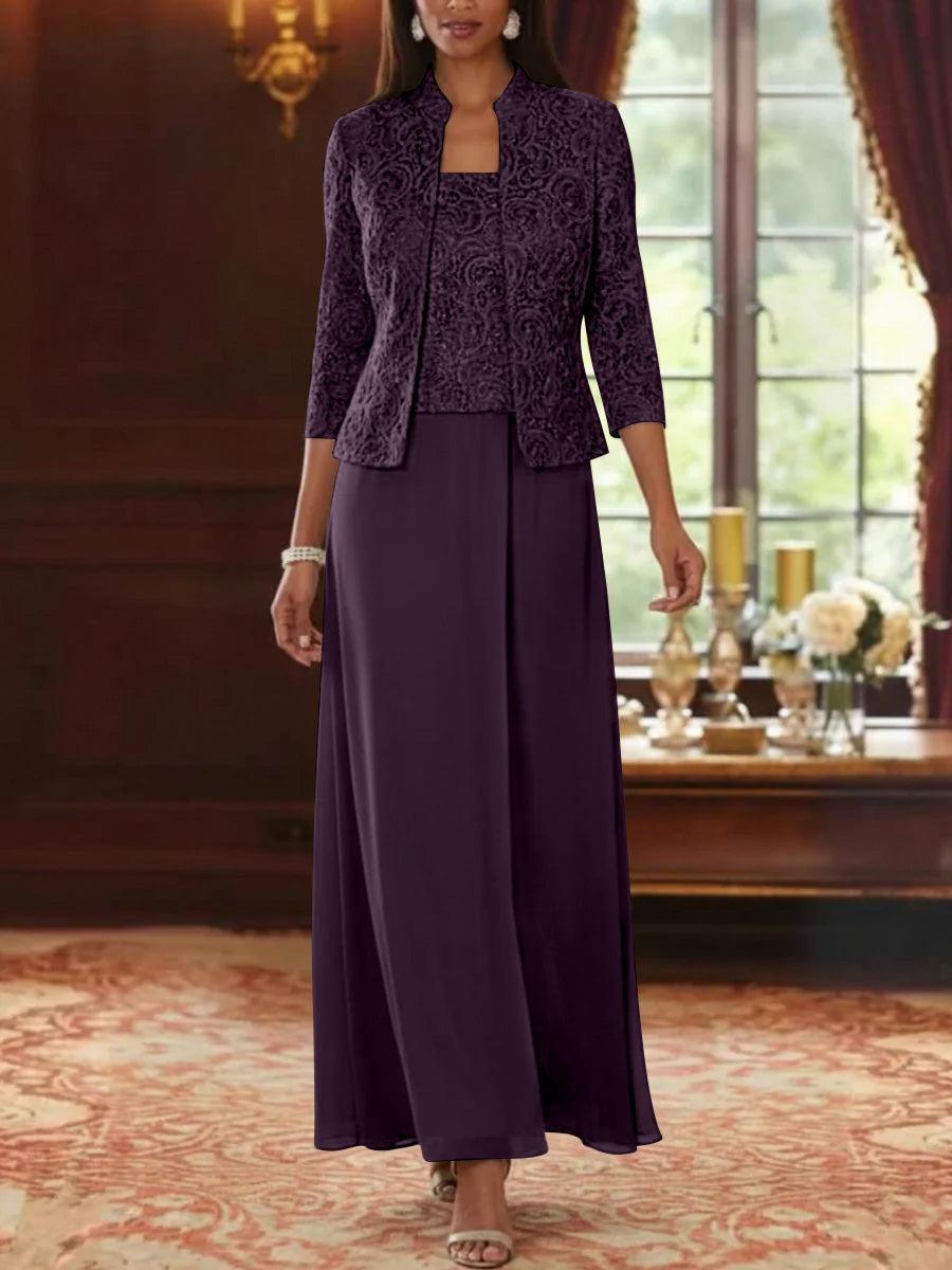 2 Pieces A-Line/Princess Square Collar Chiffon Mother of the Bride Dresses with Jacket Lace Ankle-Length 3/4 Sleeves