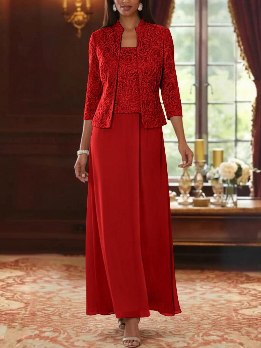 2 Pieces A-Line/Princess Square Collar Chiffon Mother of the Bride Dresses with Jacket Lace Ankle-Length 3/4 Sleeves