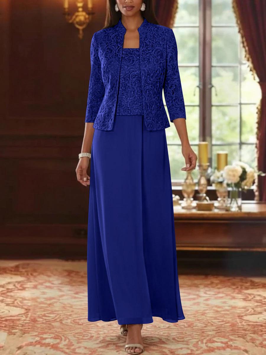2 Pieces A-Line/Princess Square Collar Chiffon Mother of the Bride Dresses with Jacket Lace Ankle-Length 3/4 Sleeves