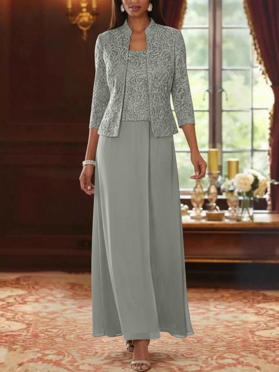 2 Pieces A-Line/Princess Square Collar Chiffon Mother of the Bride Dresses with Jacket Lace Ankle-Length 3/4 Sleeves