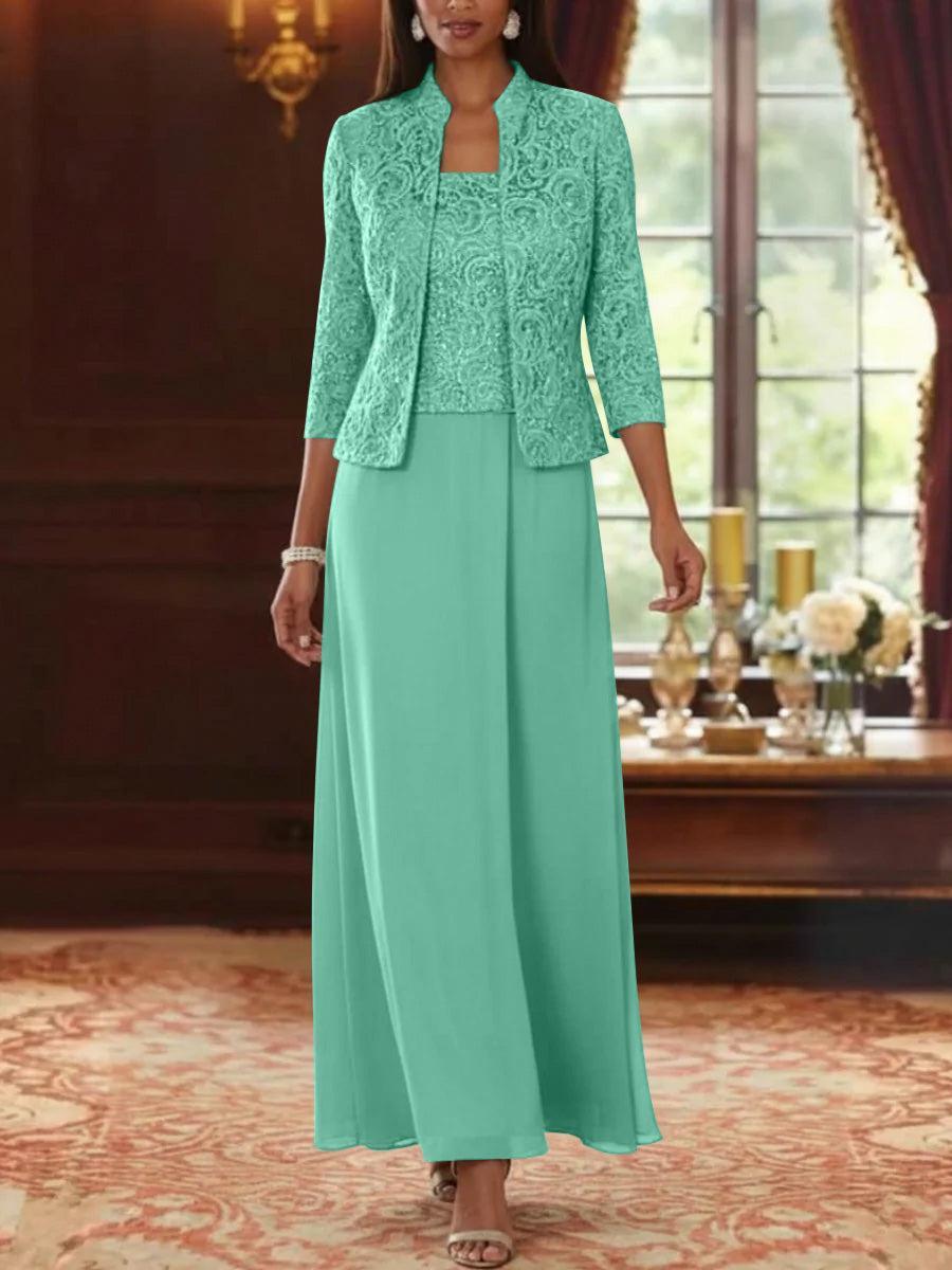 2 Pieces A-Line/Princess Square Collar Chiffon Mother of the Bride Dresses with Jacket Lace Ankle-Length 3/4 Sleeves