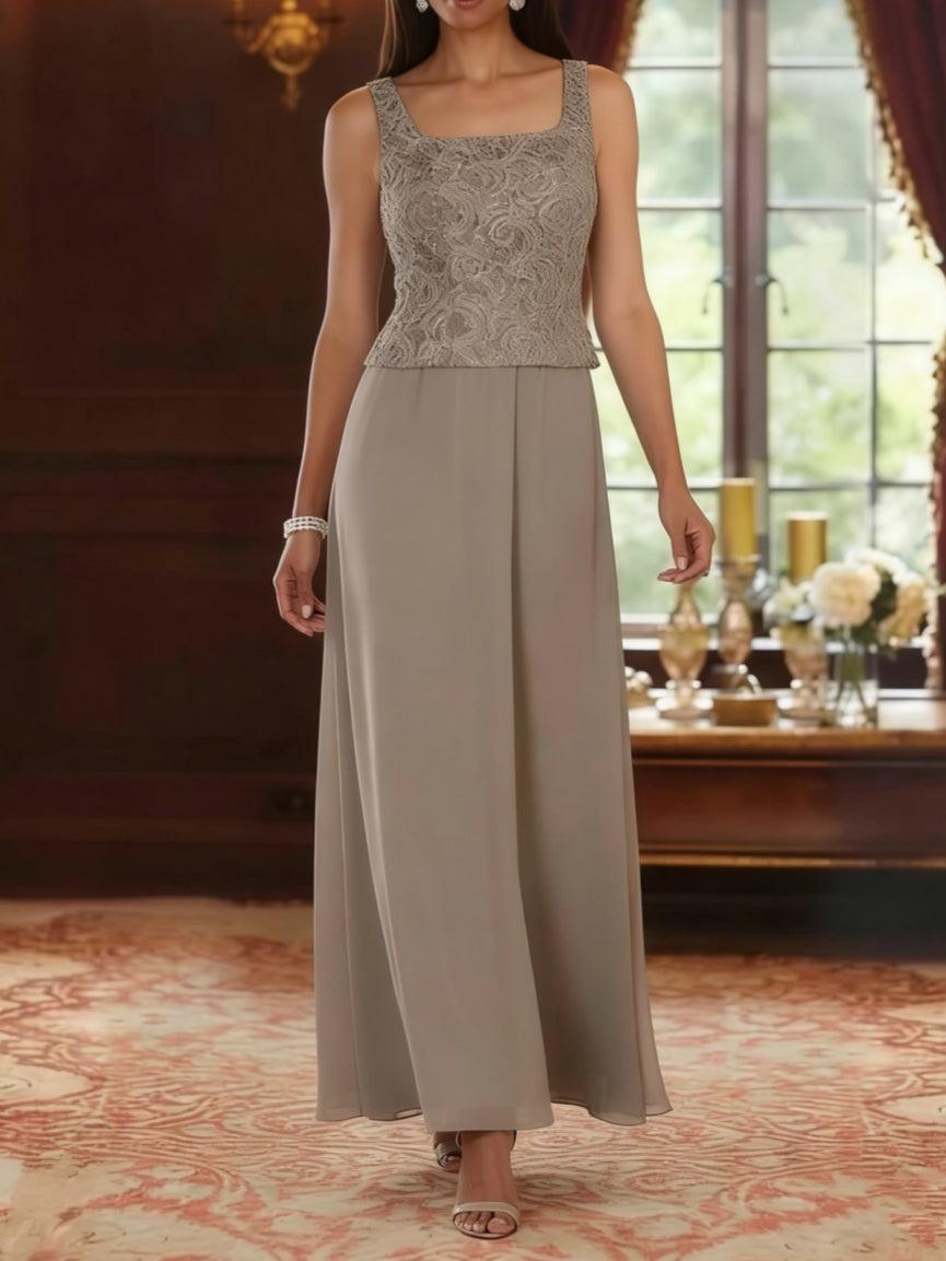 2 Pieces A-Line/Princess Square Collar Chiffon Mother of the Bride Dresses with Jacket Lace Ankle-Length 3/4 Sleeves