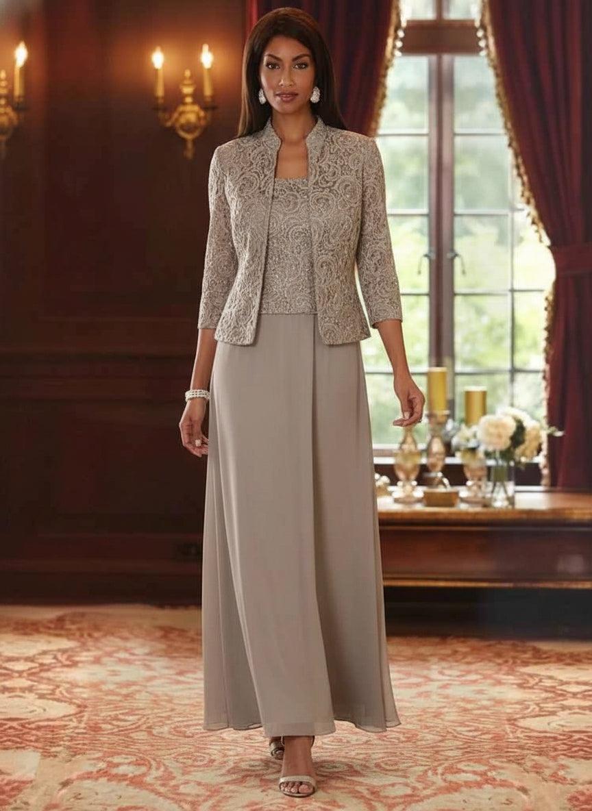 2 Pieces A-Line/Princess Square Collar Chiffon Mother of the Bride Dresses with Jacket Lace Ankle-Length 3/4 Sleeves