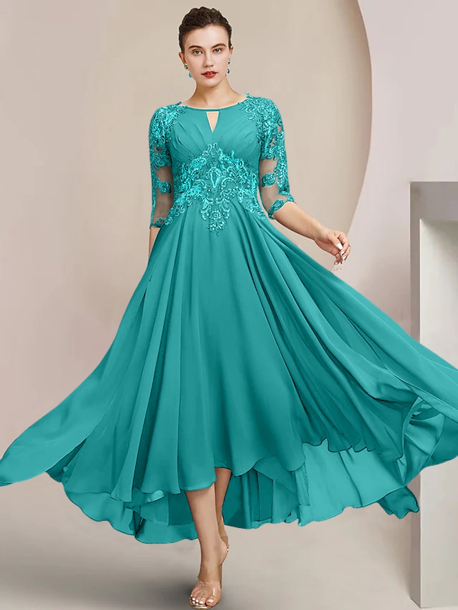 Scoop Neck Tea-Length A-Line Mother of the Bride Princess Dress