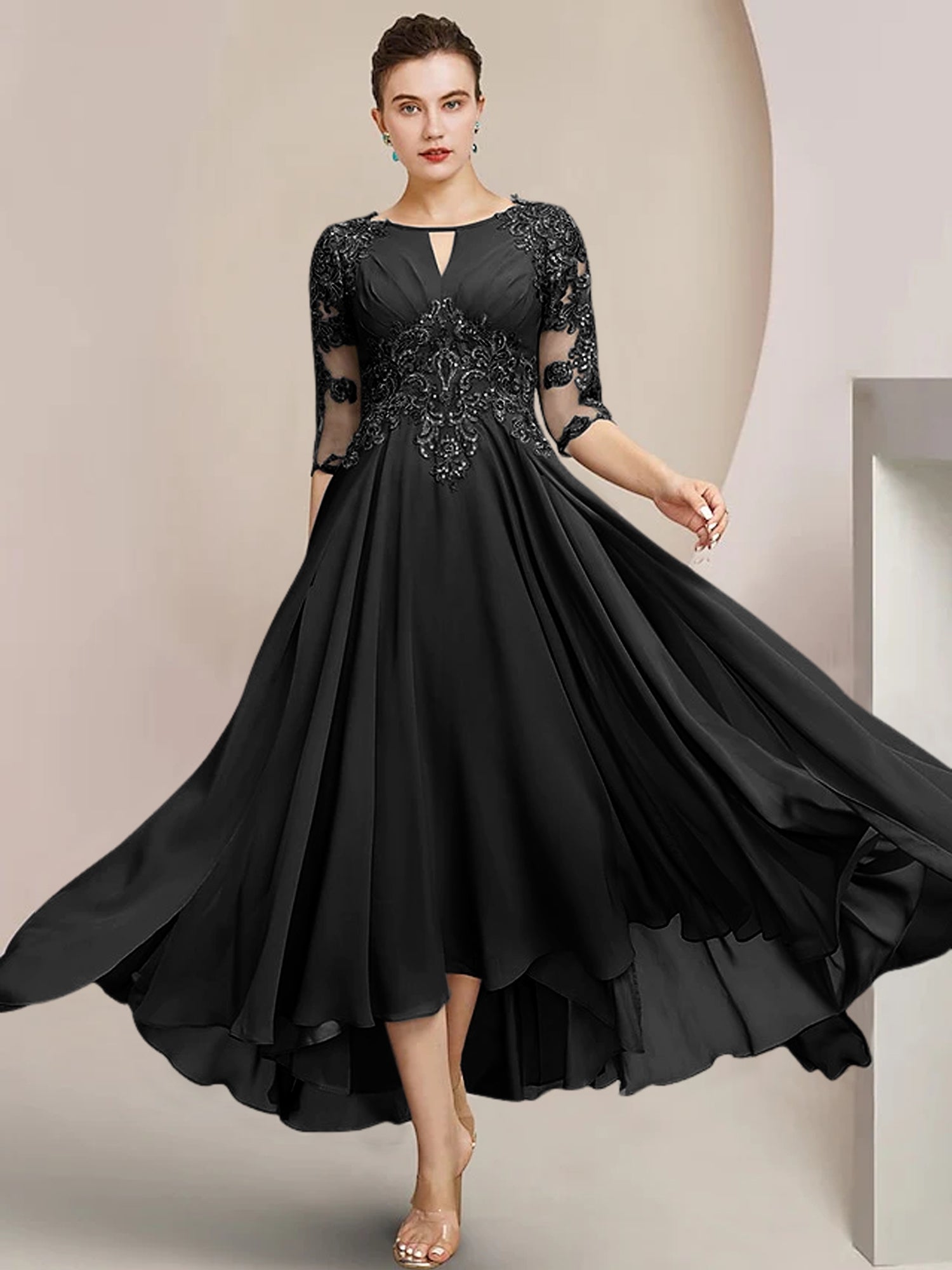 Scoop Neck Tea-Length A-Line Mother of the Bride Princess Dress