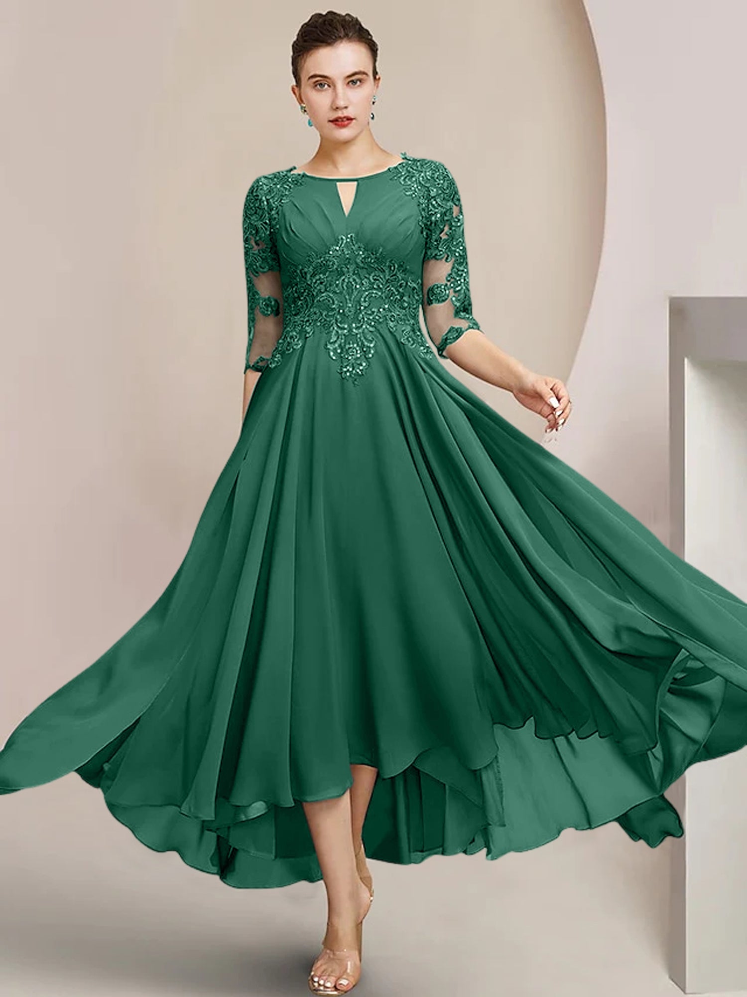 Scoop Neck Tea-Length A-Line Mother of the Bride Princess Dress