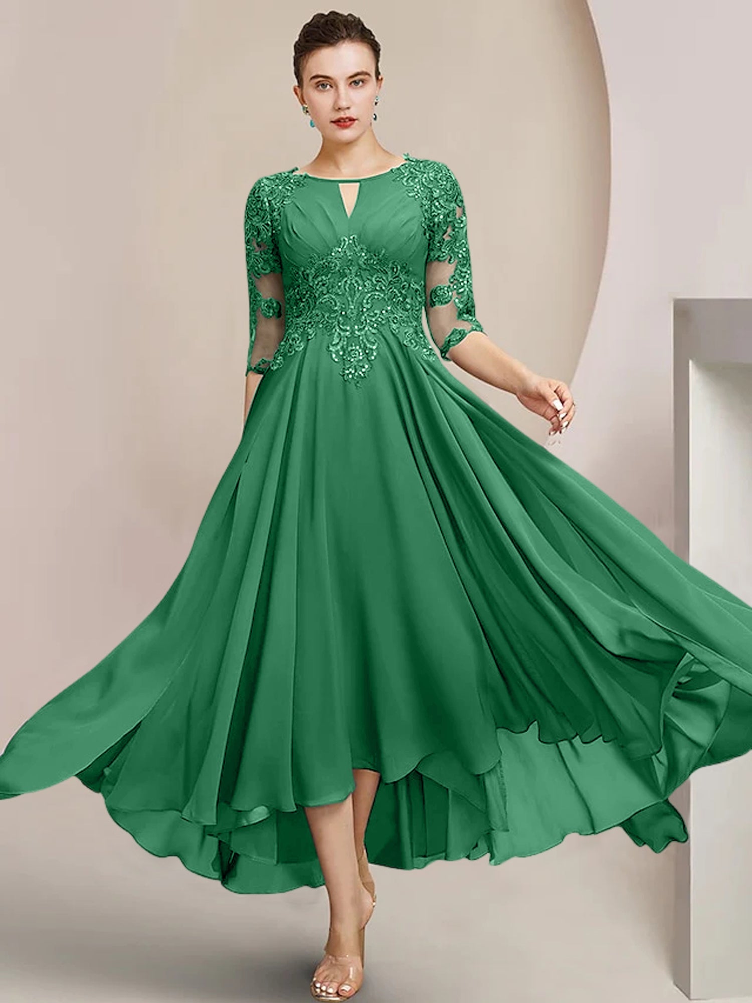 Scoop Neck Tea-Length A-Line Mother of the Bride Princess Dress