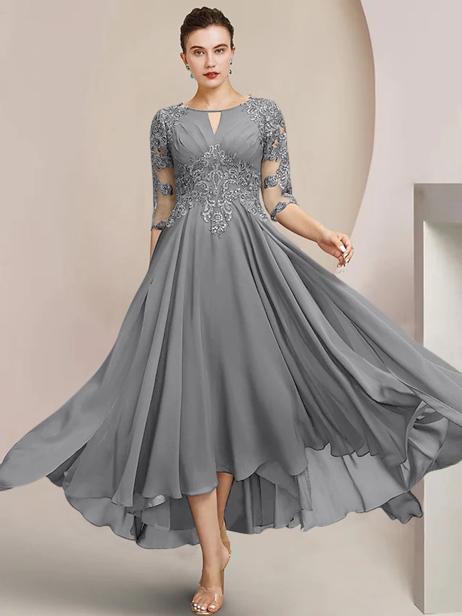 Scoop Neck Tea-Length A-Line Mother of the Bride Princess Dress