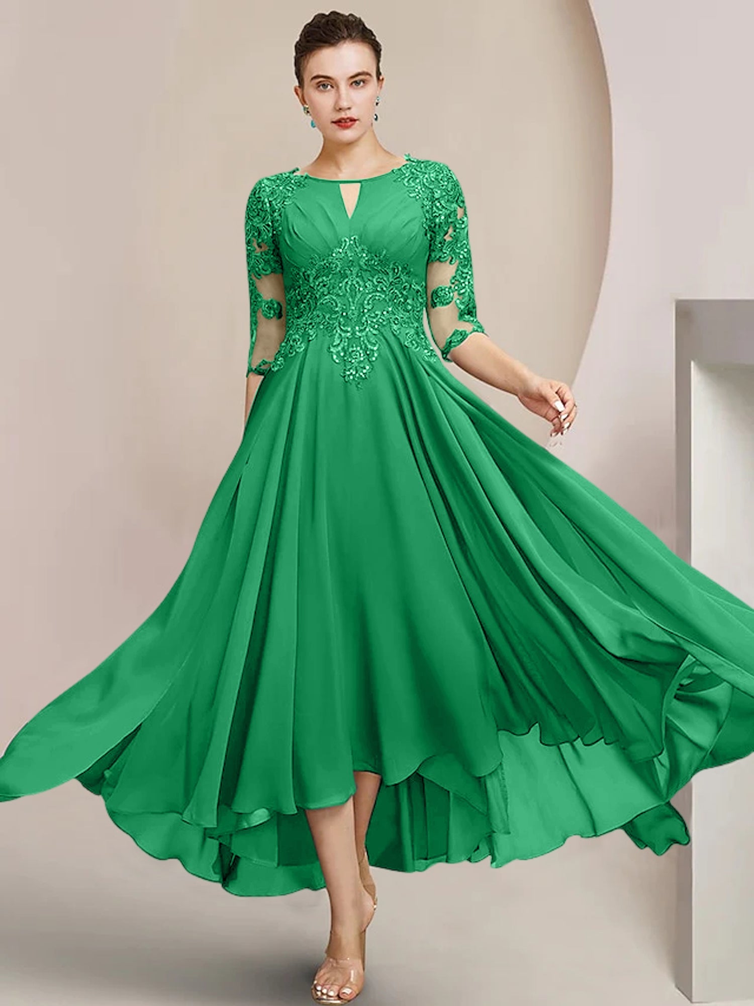 Scoop Neck Tea-Length A-Line Mother of the Bride Princess Dress