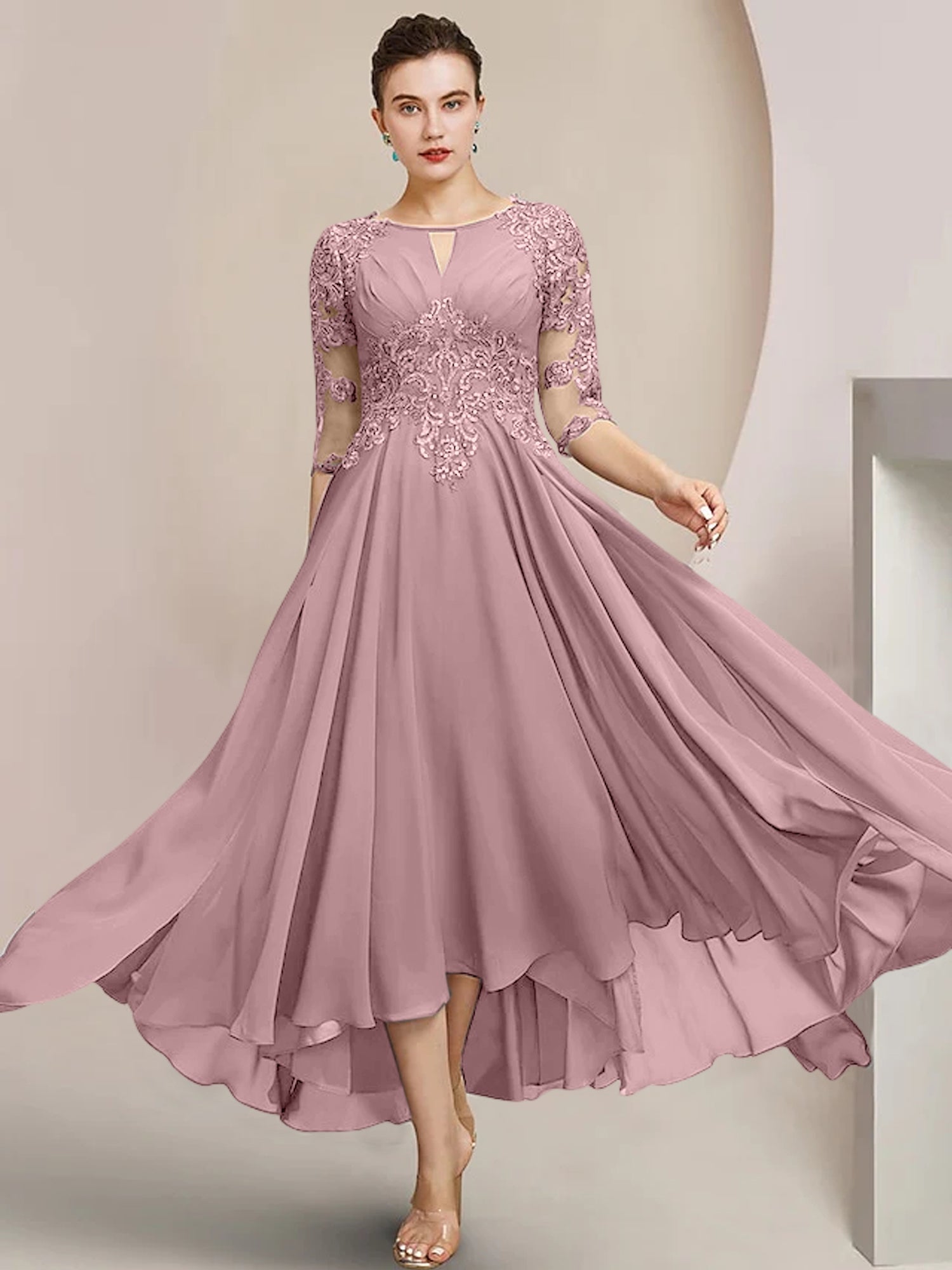 Scoop Neck Tea-Length A-Line Mother of the Bride Princess Dress