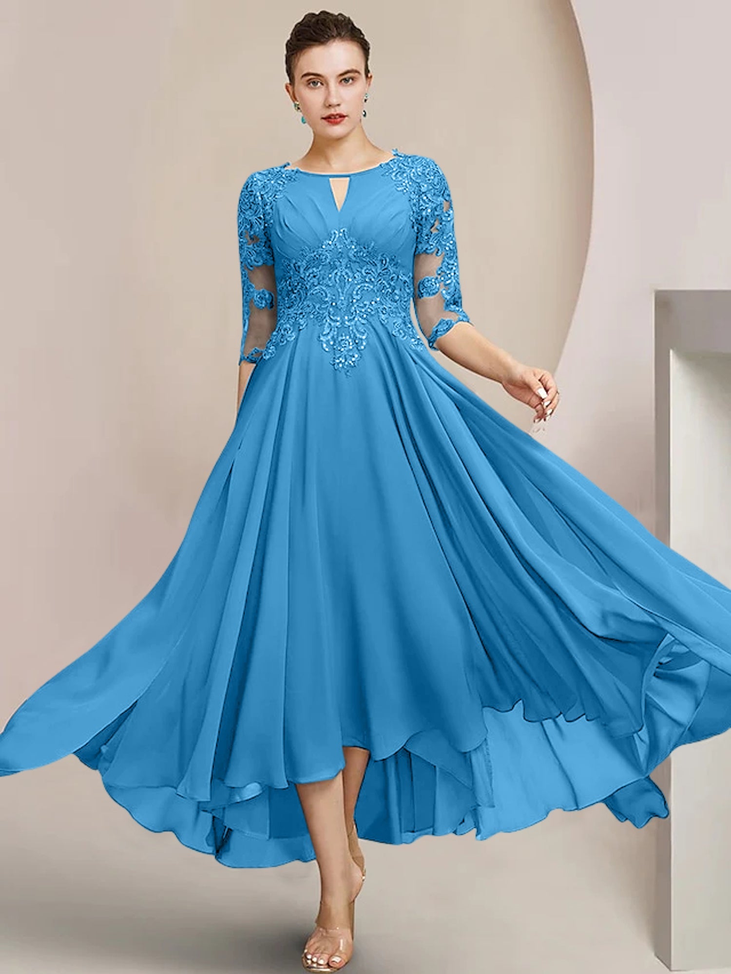 Scoop Neck Tea-Length A-Line Mother of the Bride Princess Dress