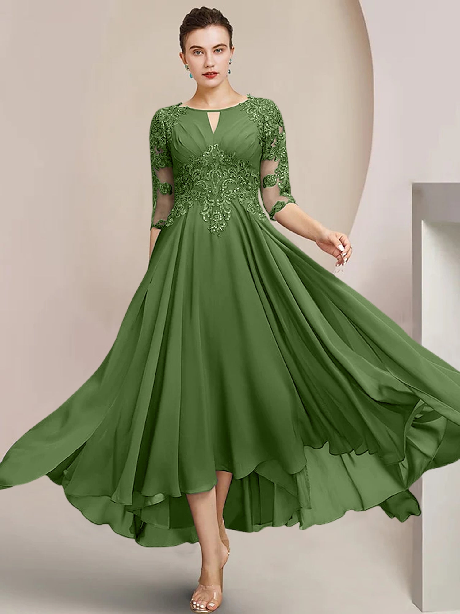 Scoop Neck Tea-Length A-Line Mother of the Bride Princess Dress