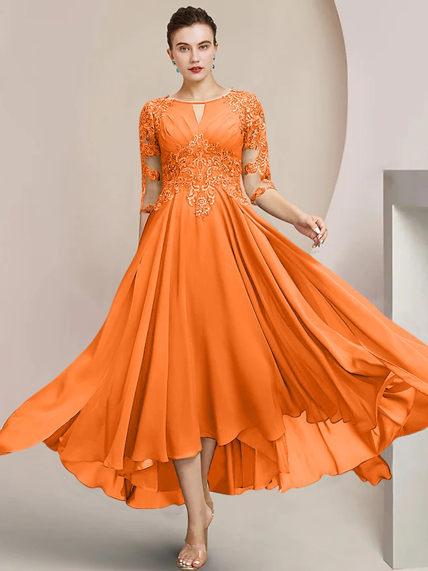 Scoop Neck Tea-Length A-Line Mother of the Bride Princess Dress