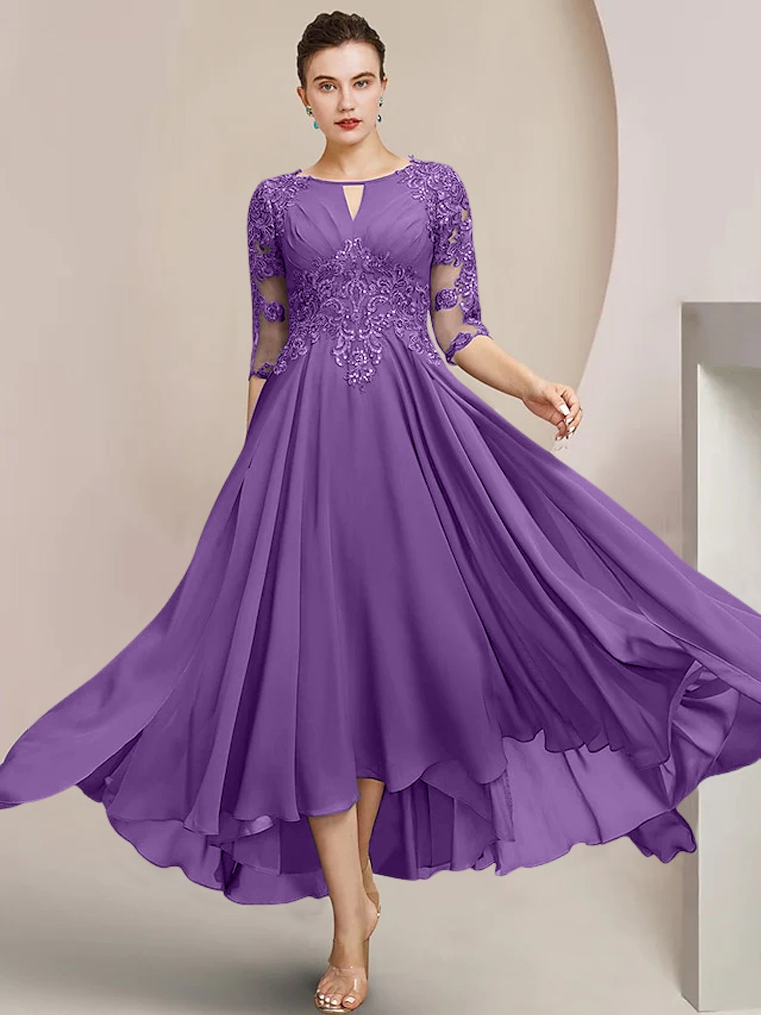 Scoop Neck Tea-Length A-Line Mother of the Bride Princess Dress