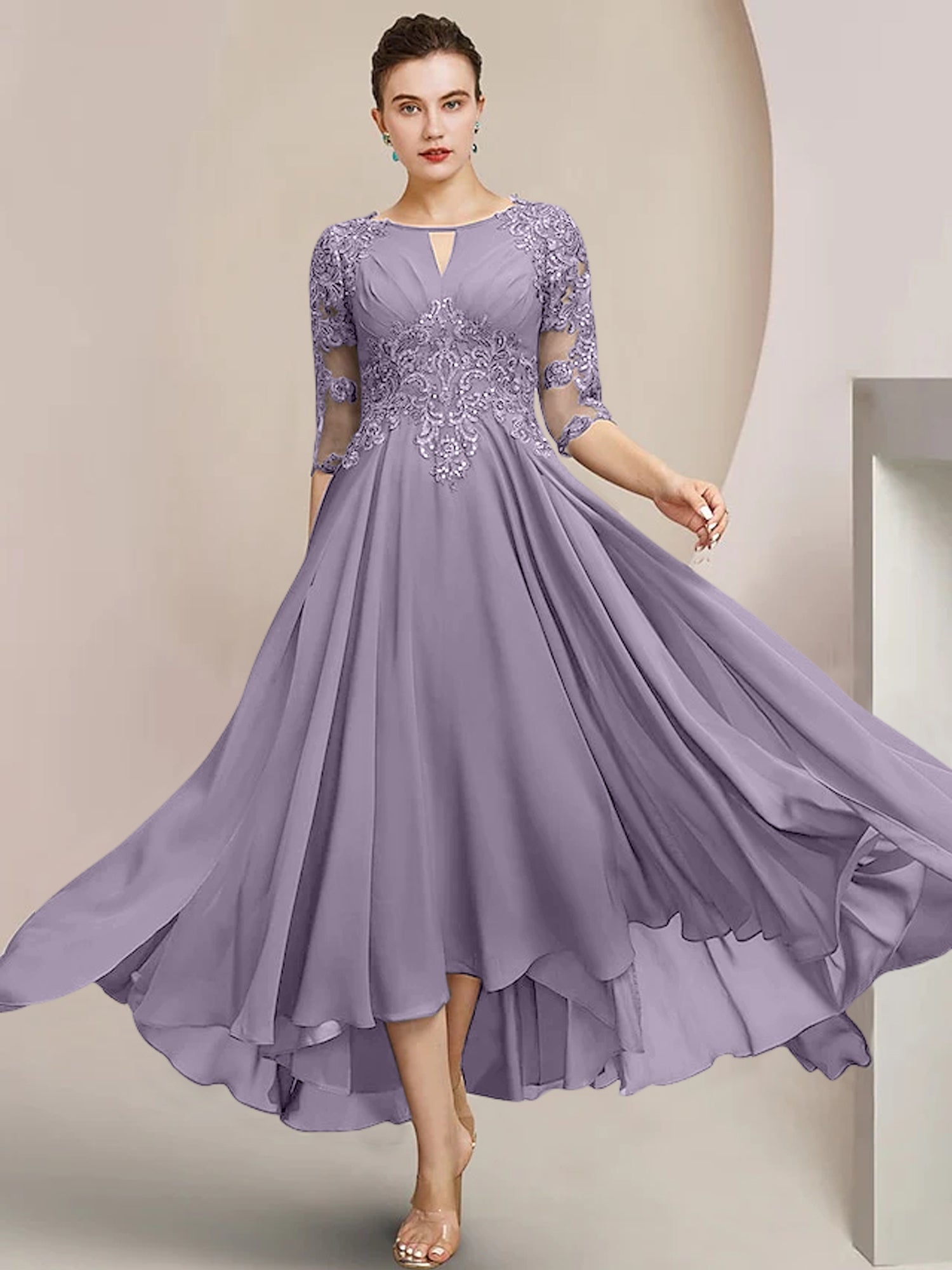 Scoop Neck Tea-Length A-Line Mother of the Bride Princess Dress