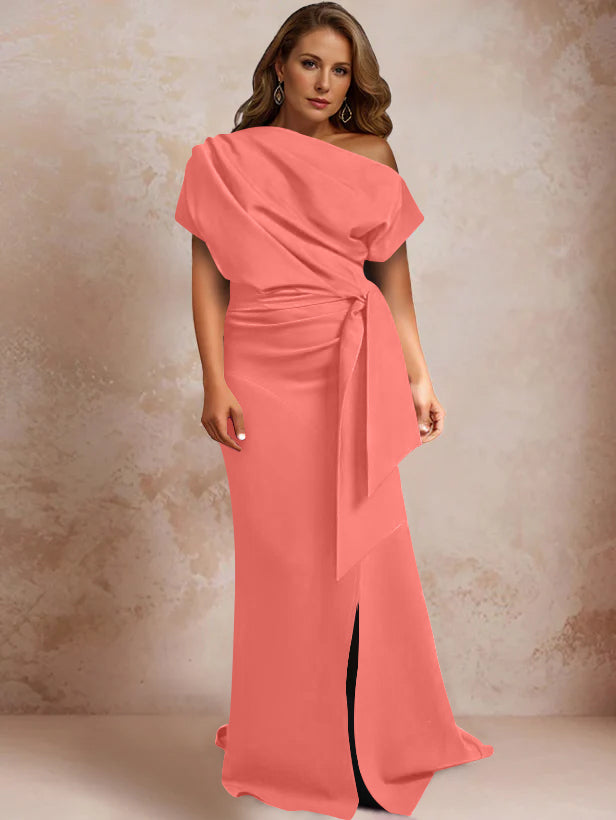 One-Shoulder Mermaid Trumpet Gown with Ruffles and Side Split for Plus-Size Mothers of the Bride