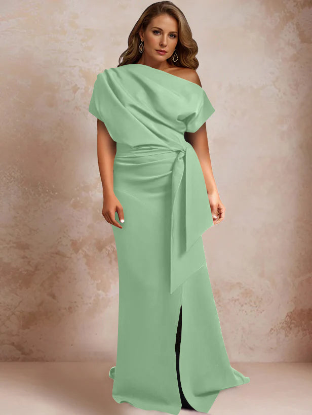 One-Shoulder Mermaid Trumpet Gown with Ruffles and Side Split for Plus-Size Mothers of the Bride