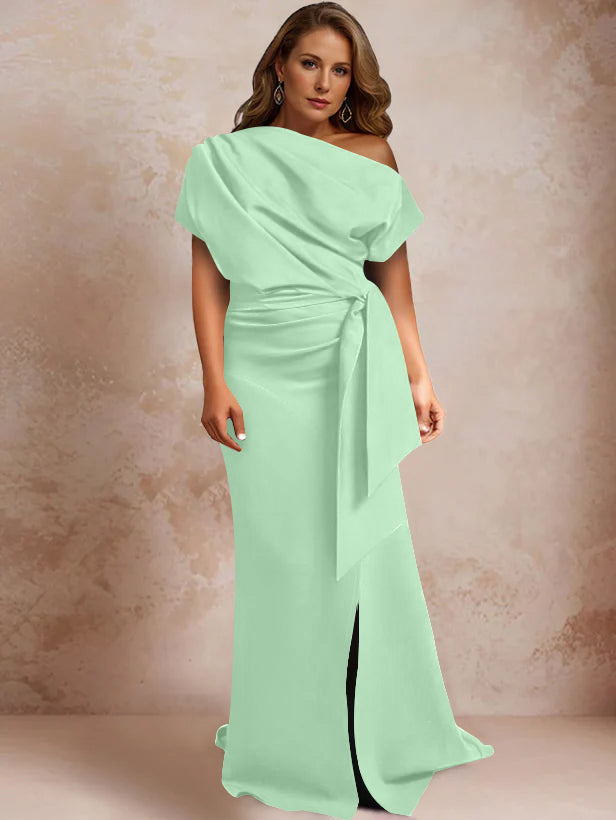 One-Shoulder Mermaid Trumpet Gown with Ruffles and Side Split for Plus-Size Mothers of the Bride