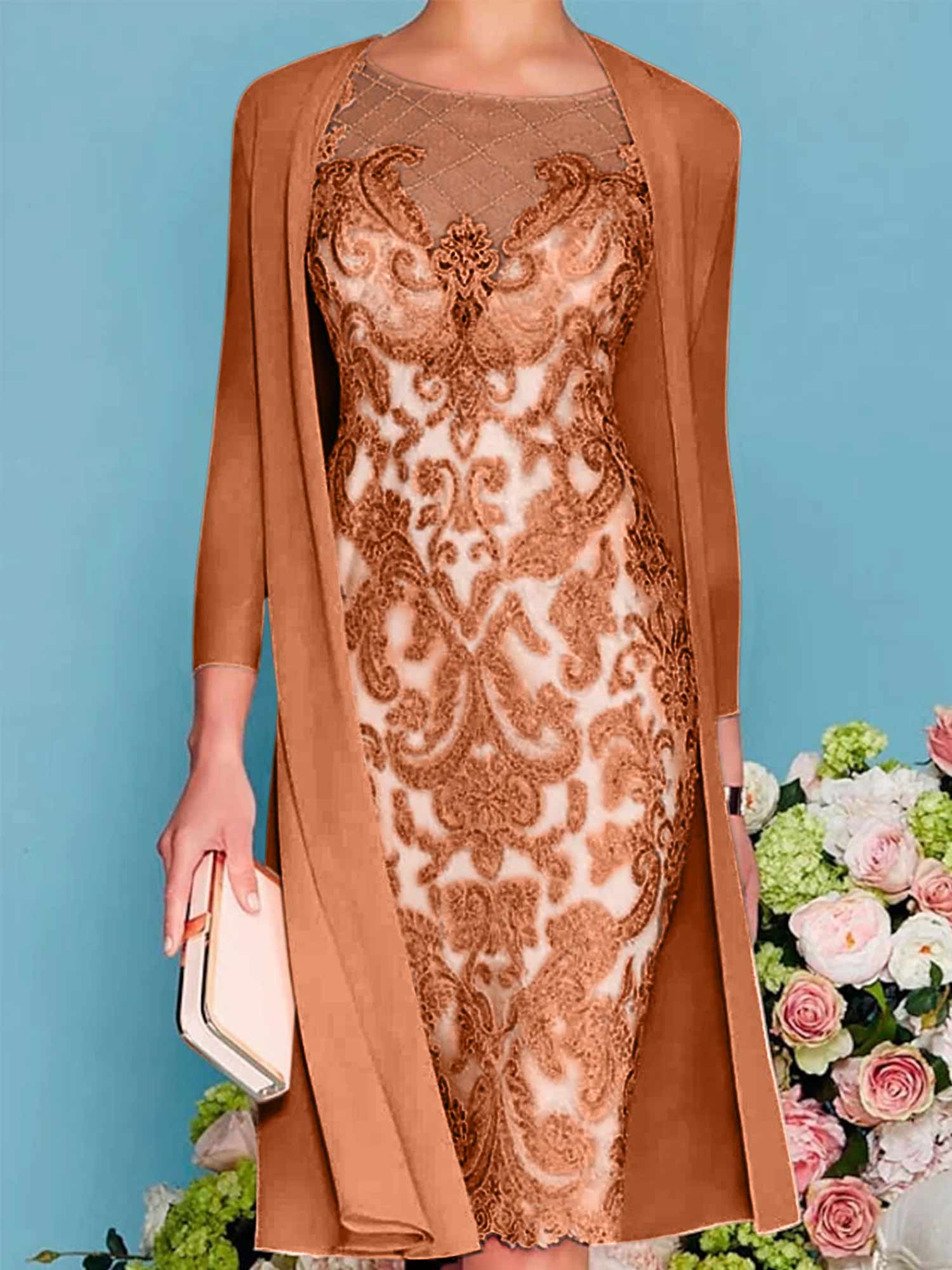 Long-Sleeve Knee-Length Sheath/Column Mother of the Bride Dress with Lace Beading Appliques