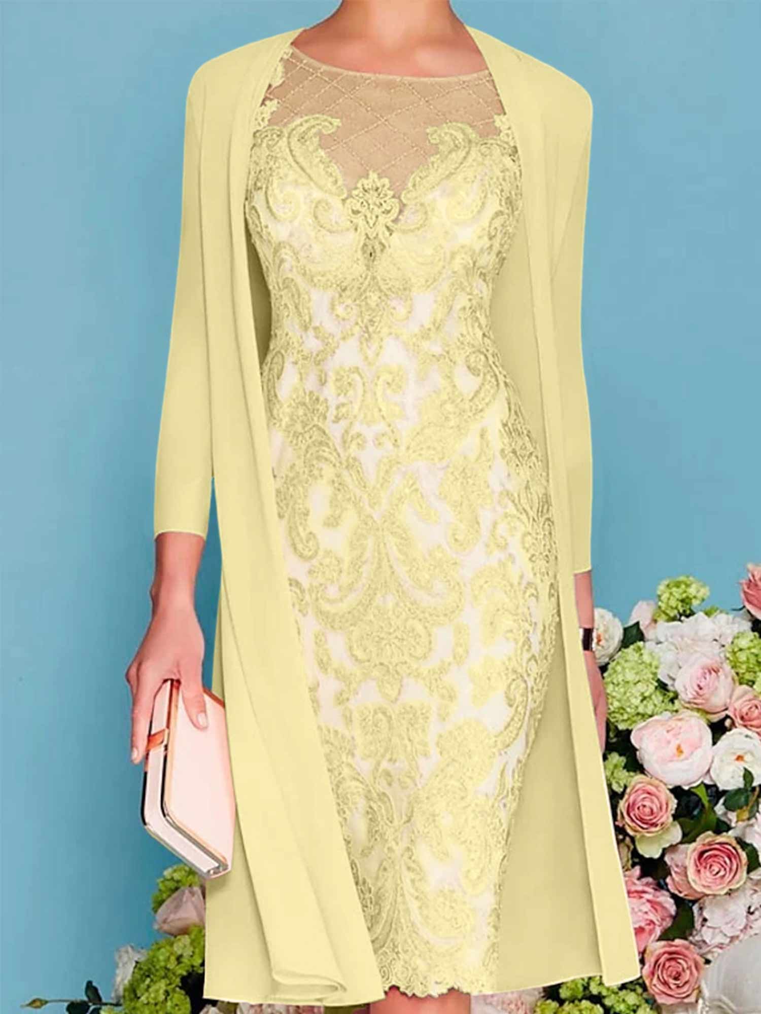 Long-Sleeve Knee-Length Sheath/Column Mother of the Bride Dress with Lace Beading Appliques
