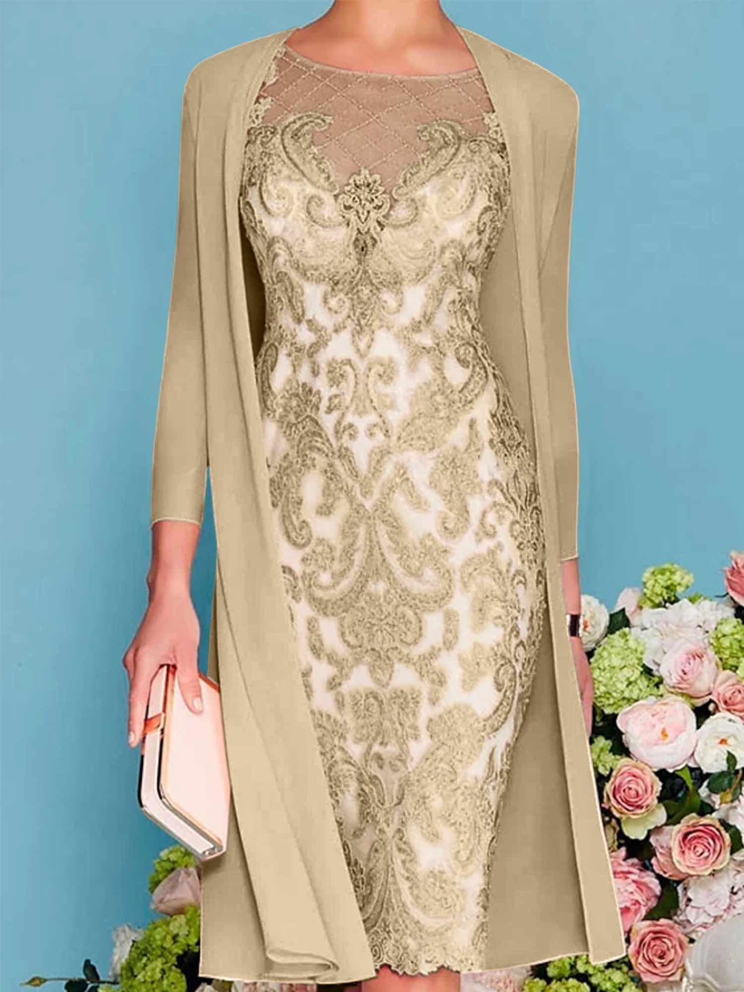 Long-Sleeve Knee-Length Sheath/Column Mother of the Bride Dress with Lace Beading Appliques