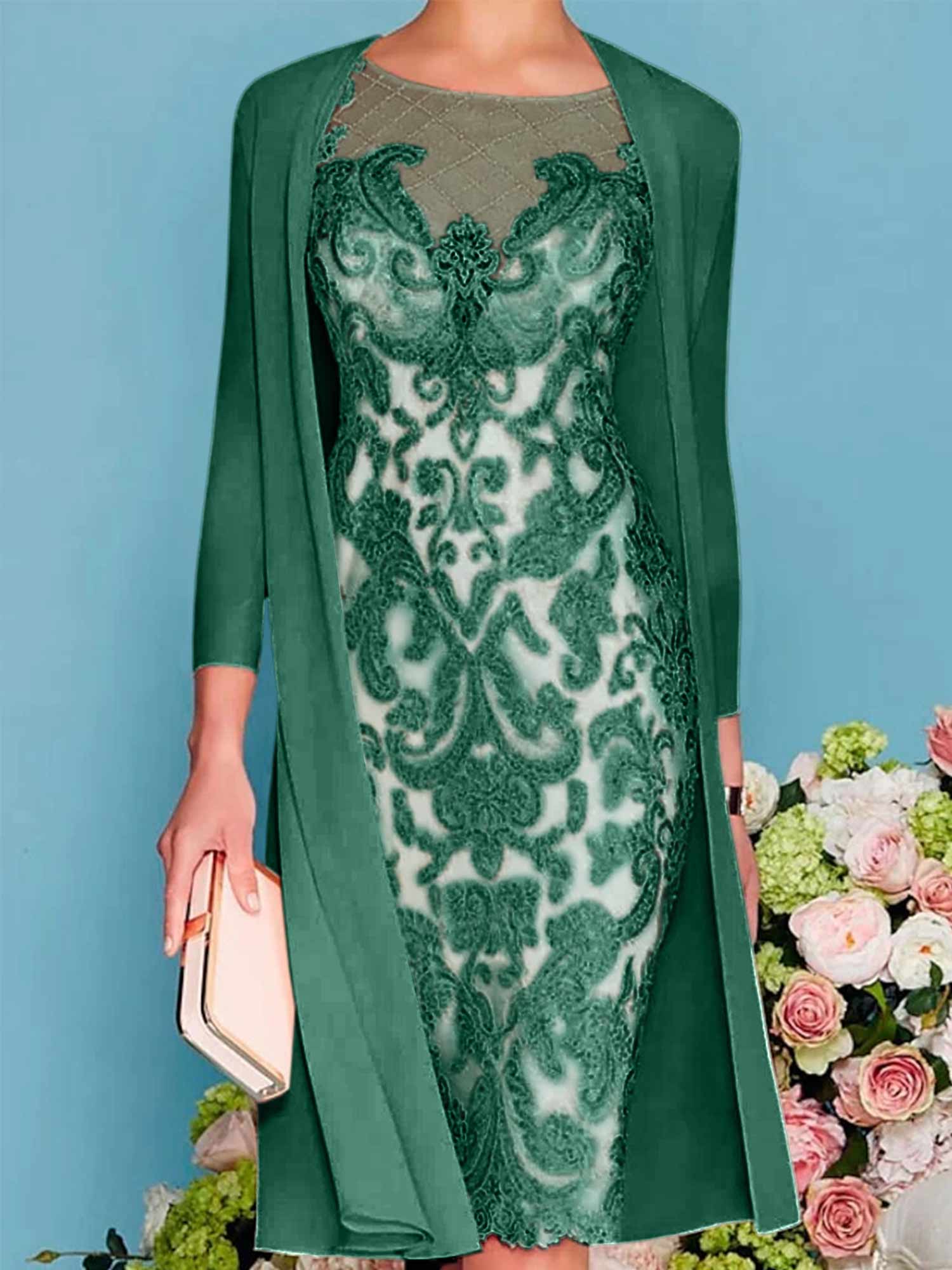 Long-Sleeve Knee-Length Sheath/Column Mother of the Bride Dress with Lace Beading Appliques