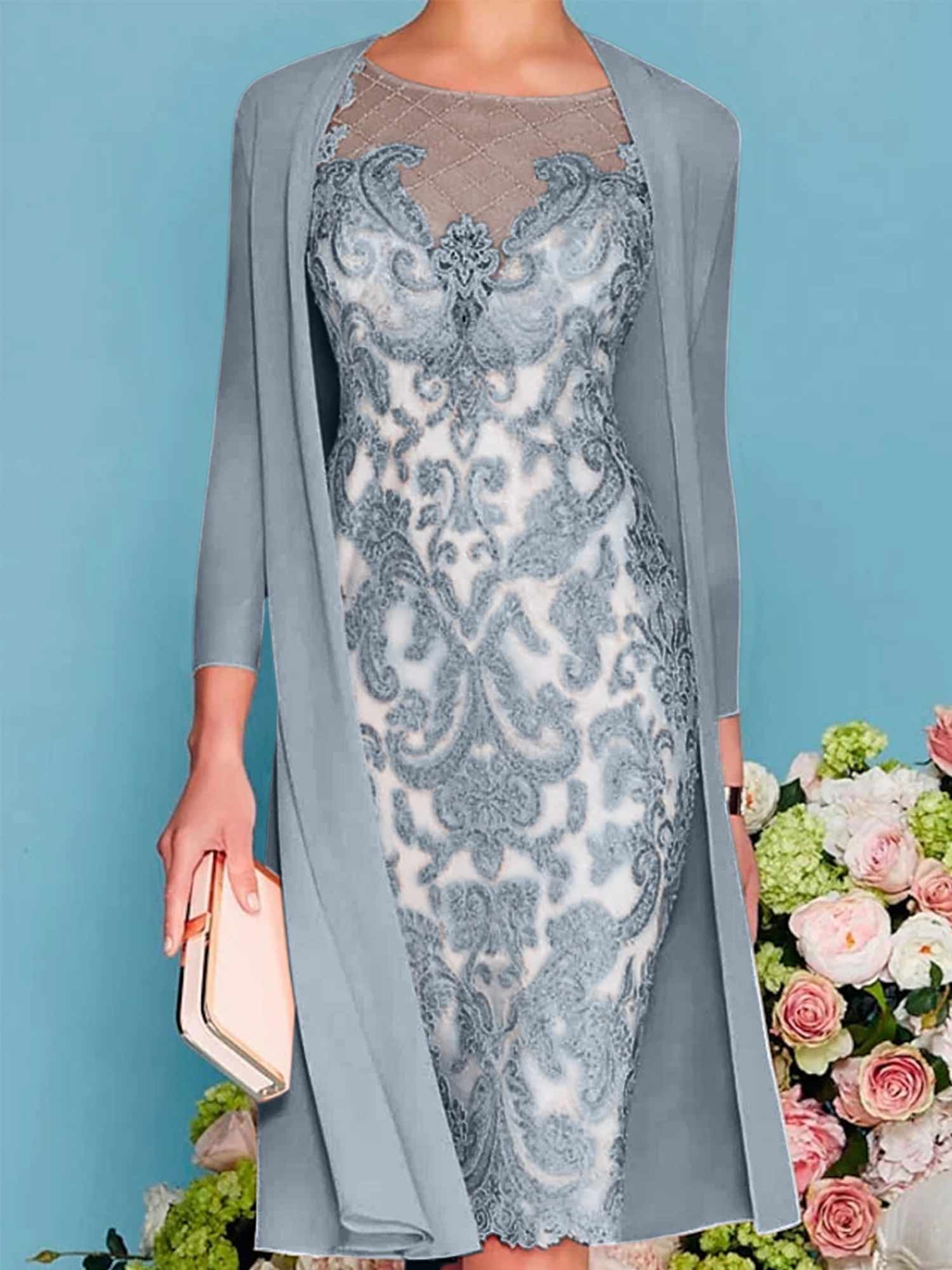 Long-Sleeve Knee-Length Sheath/Column Mother of the Bride Dress with Lace Beading Appliques