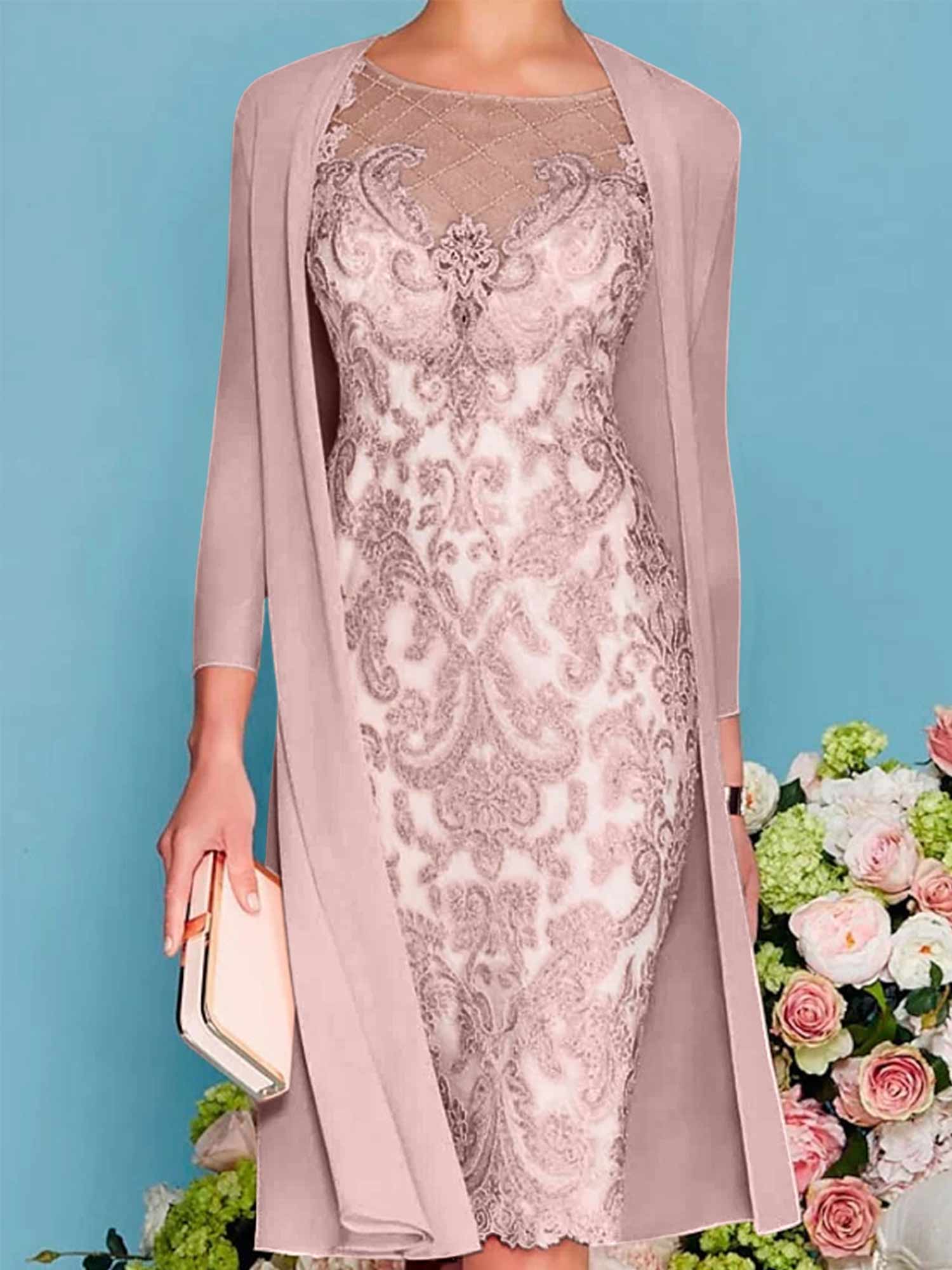 Long-Sleeve Knee-Length Sheath/Column Mother of the Bride Dress with Lace Beading Appliques
