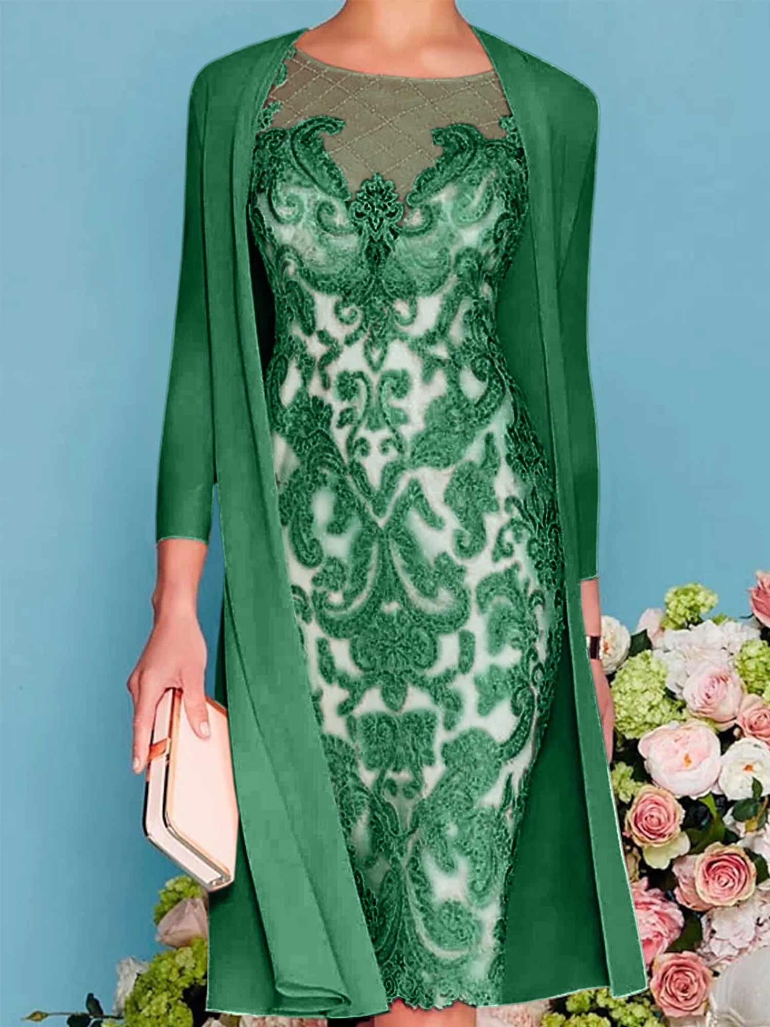 Long-Sleeve Knee-Length Sheath/Column Mother of the Bride Dress with Lace Beading Appliques