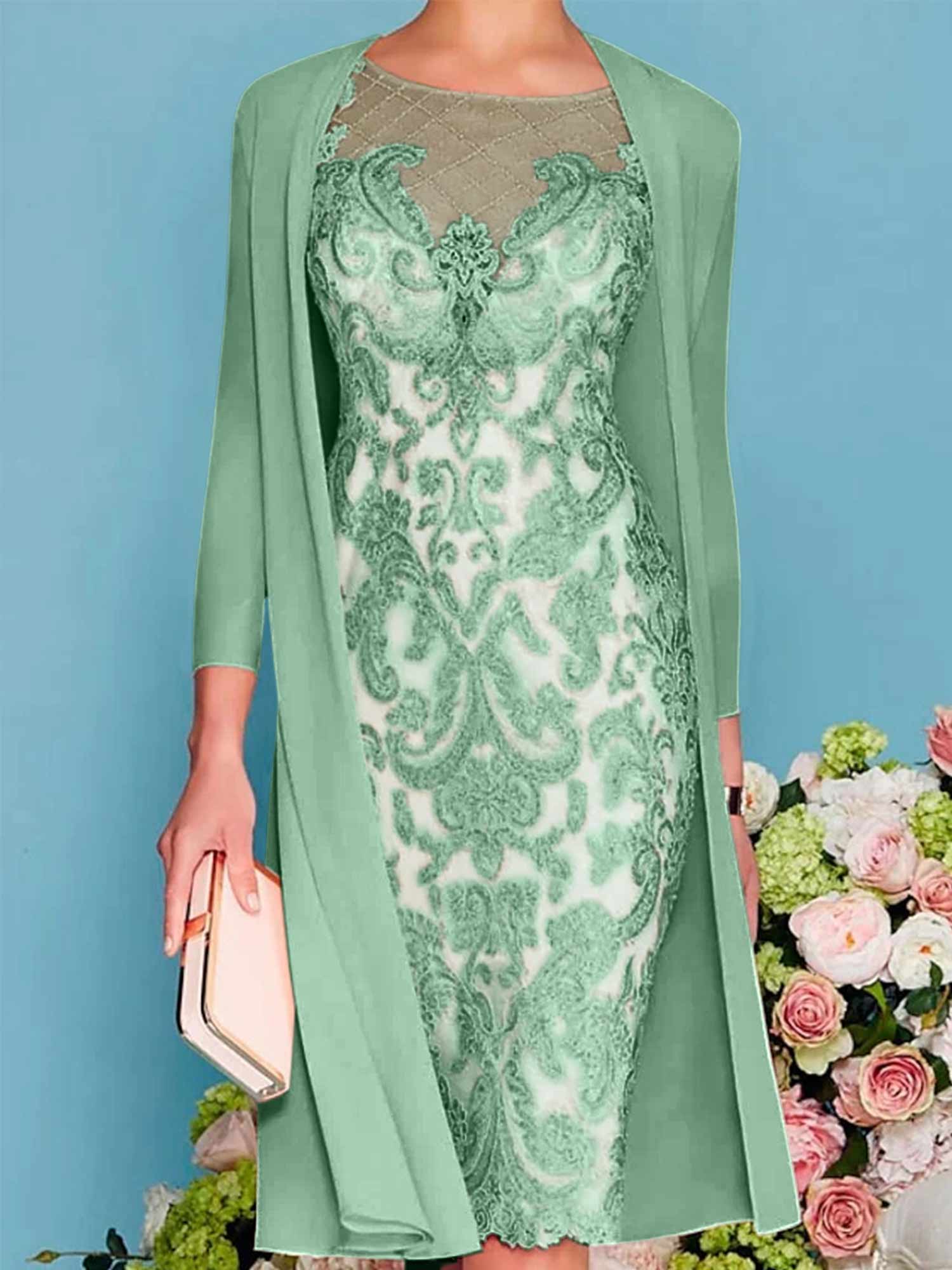 Long-Sleeve Knee-Length Sheath/Column Mother of the Bride Dress with Lace Beading Appliques