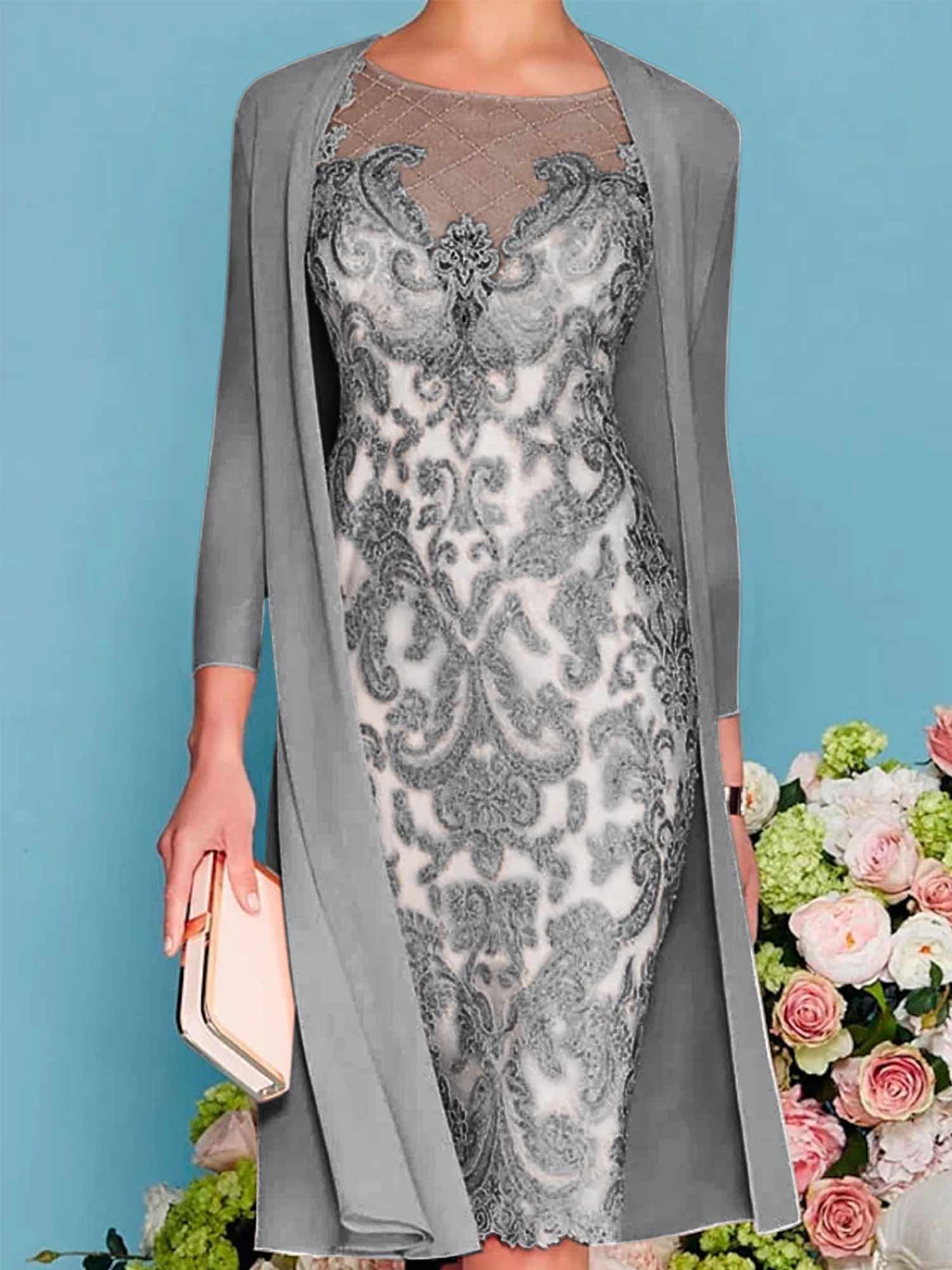 Long-Sleeve Knee-Length Sheath/Column Mother of the Bride Dress with Lace Beading Appliques