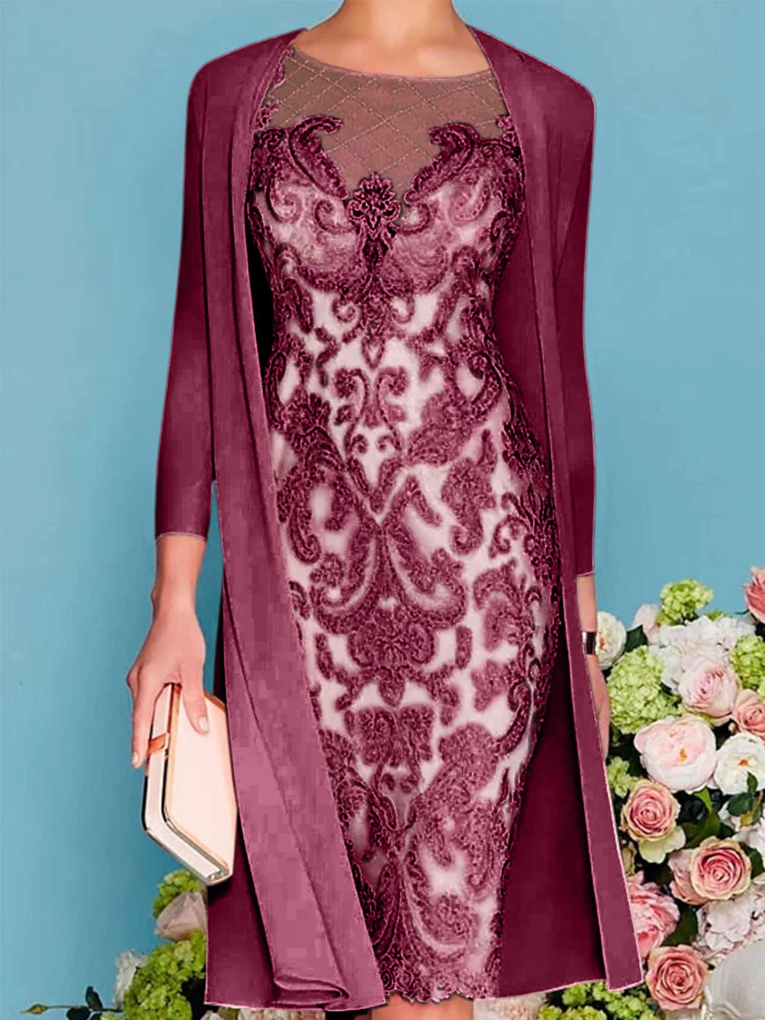 Long-Sleeve Knee-Length Sheath/Column Mother of the Bride Dress with Lace Beading Appliques