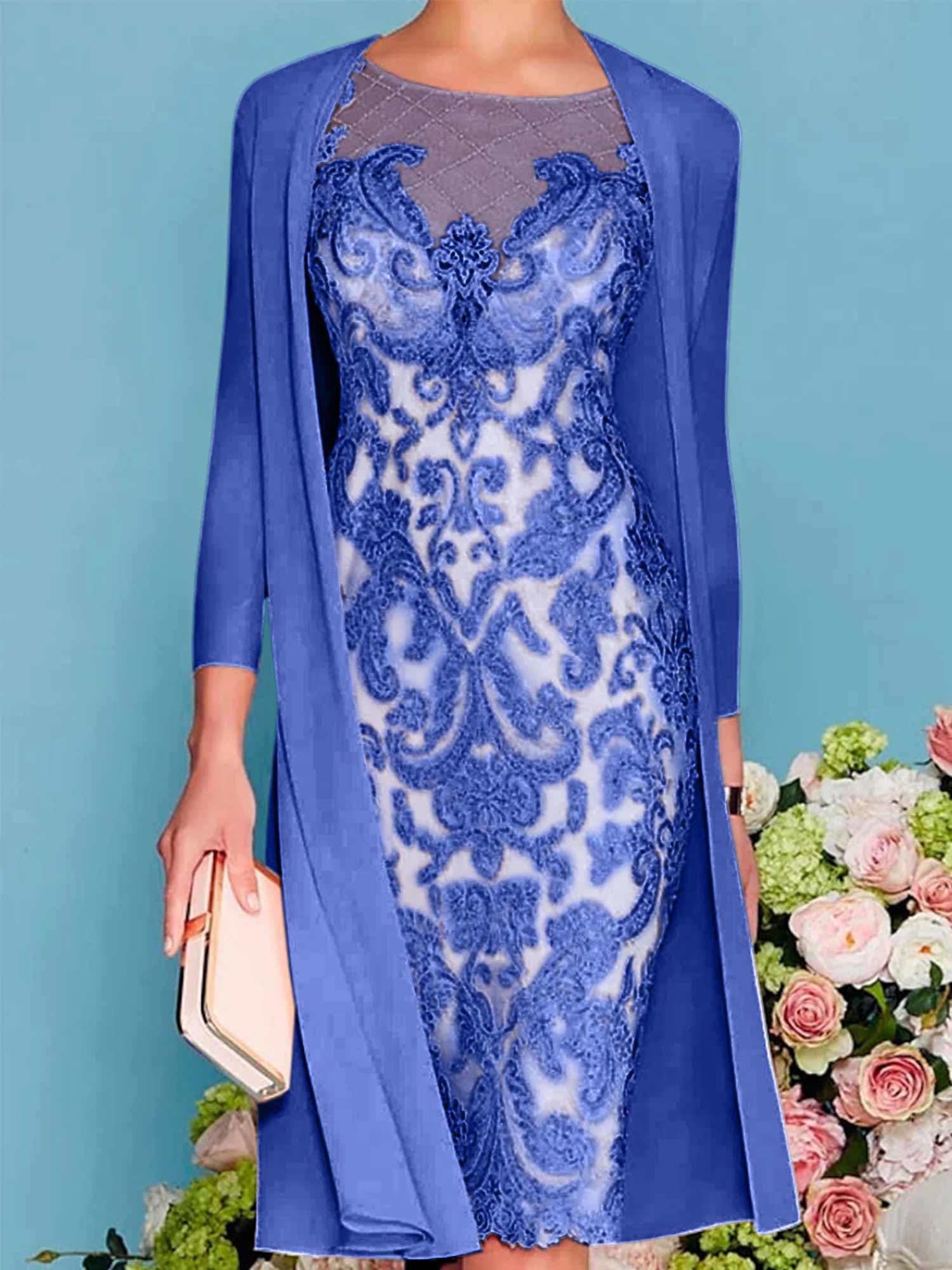 Long-Sleeve Knee-Length Sheath/Column Mother of the Bride Dress with Lace Beading Appliques
