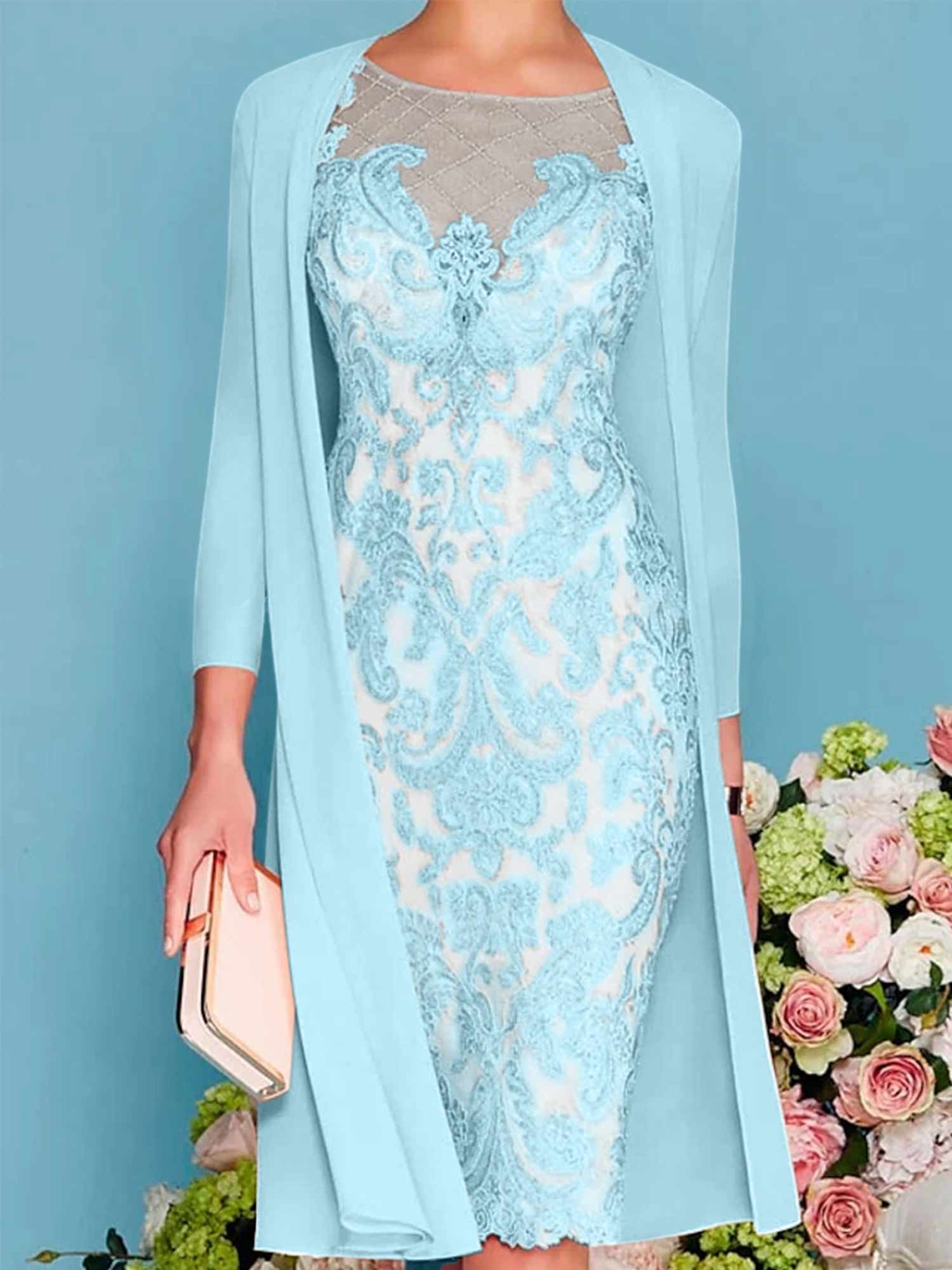 Long-Sleeve Knee-Length Sheath/Column Mother of the Bride Dress with Lace Beading Appliques