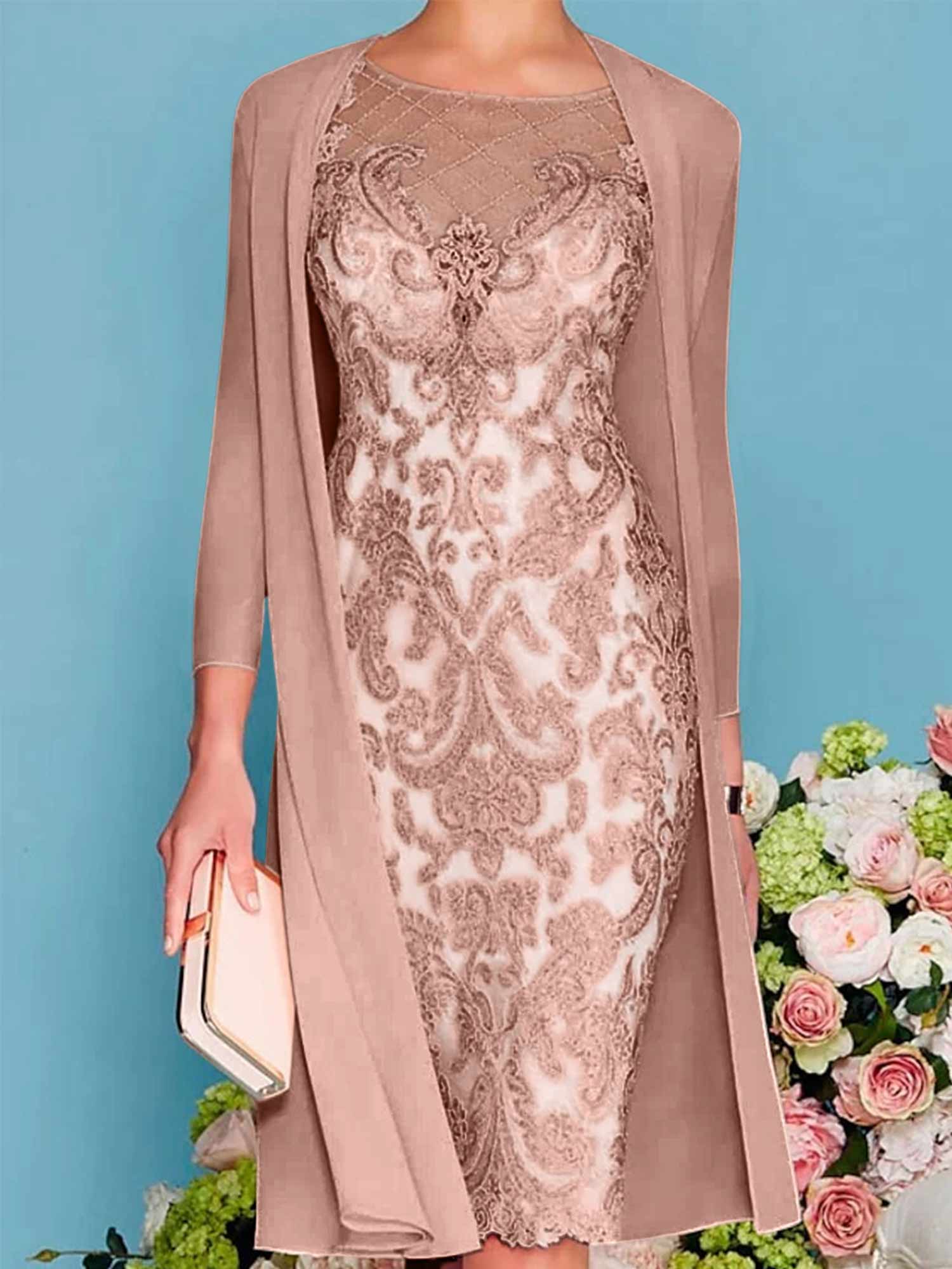 Long-Sleeve Knee-Length Sheath/Column Mother of the Bride Dress with Lace Beading Appliques